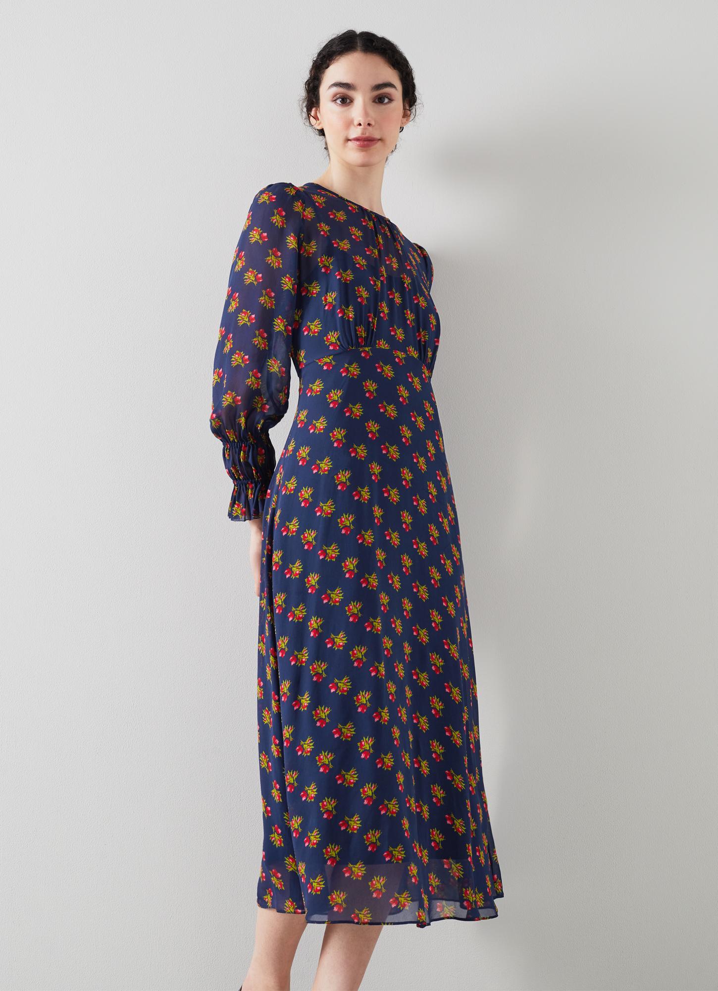 L.K.Bennett Wren Navy Rosebud Print Dress, Midnight