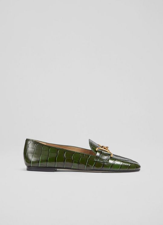 L.K.Bennett Daphne Green Croc-Effect Leather Loafers, Dark Green