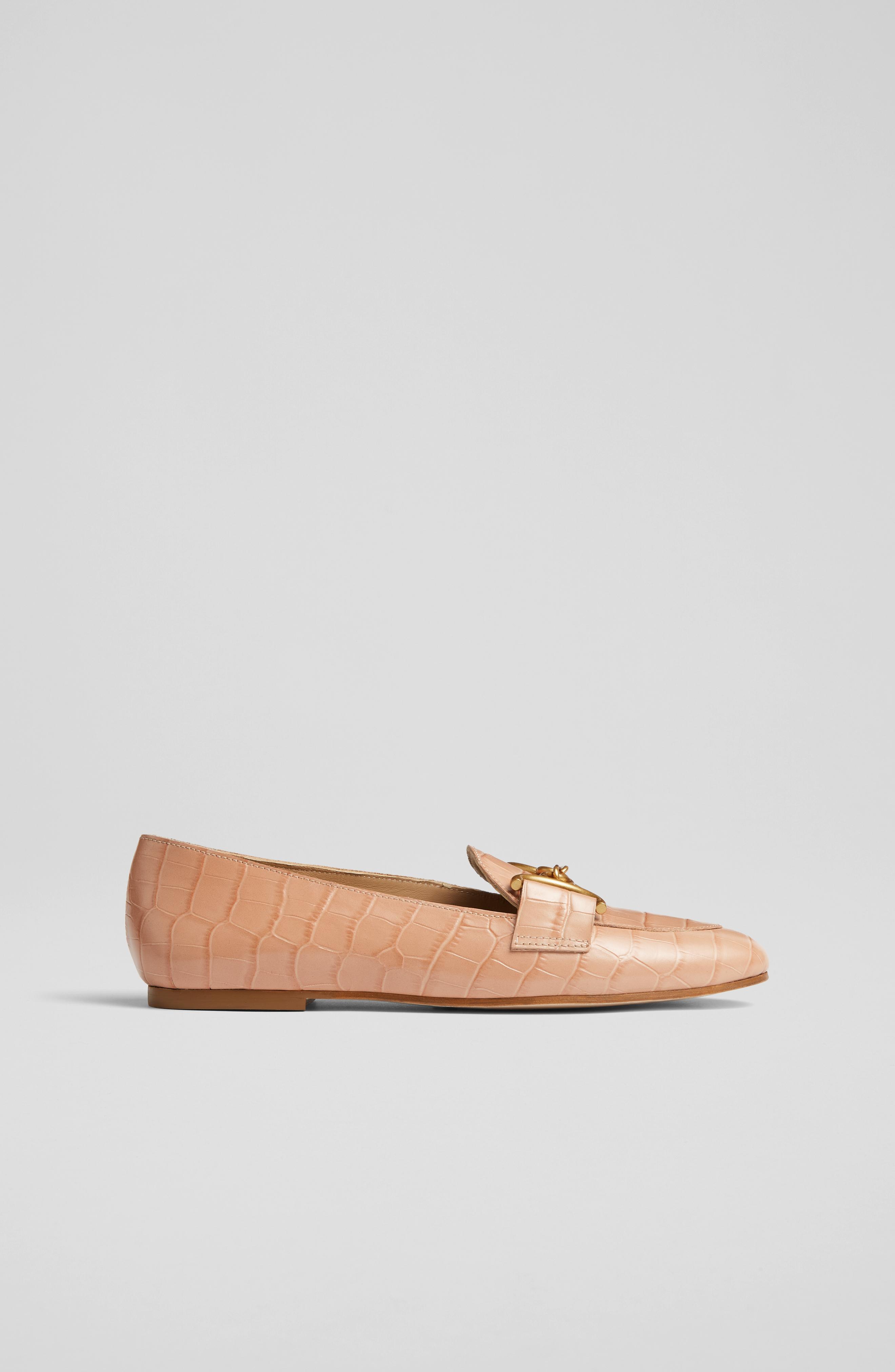 L.K.Bennett Daphne Pink Croc-Effect Leather Loafers, Rose