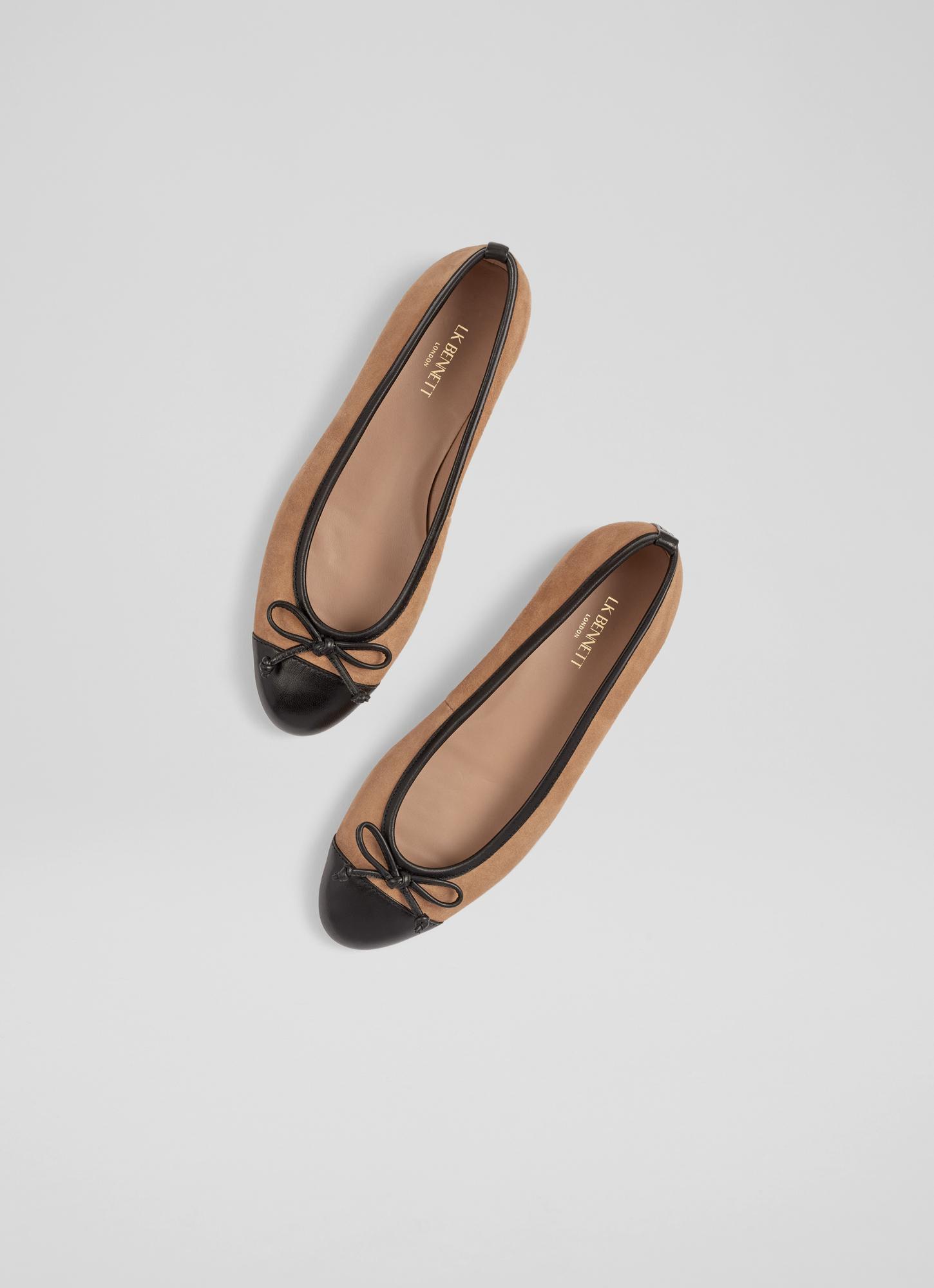 Kara Sand Suede And Black Leather Toe Cap Ballerina Pumps Casual