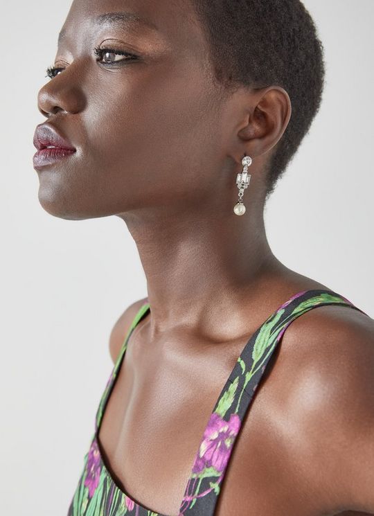L.K.Bennett Kiara Crystal and Pearl Art Deco-Style Earrings, Crystal