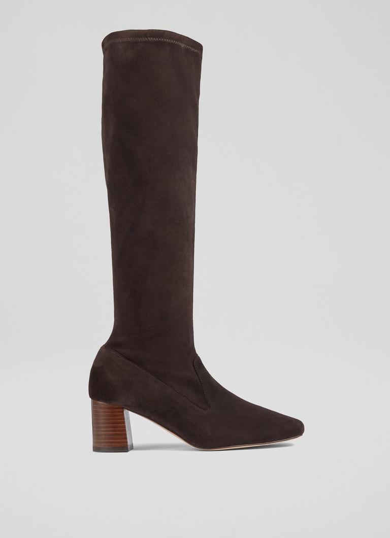 Davina Chocolate Stretch Suede Knee High Boots Casual Wear L.K.Bennett London