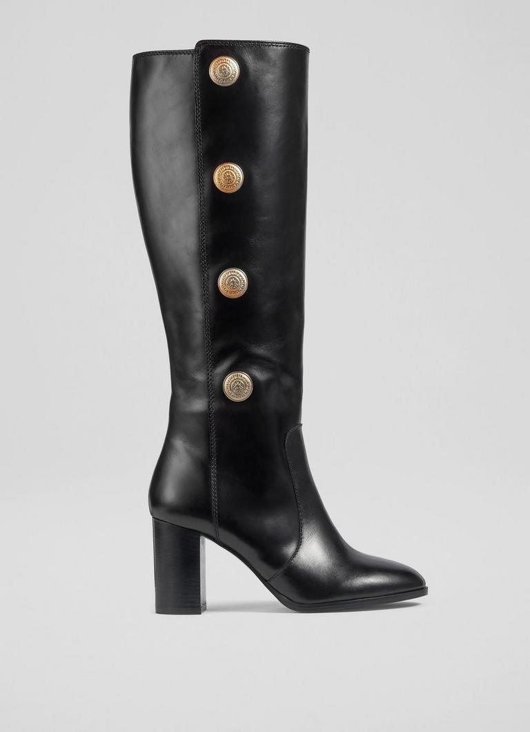 Black leather knee boots uk online