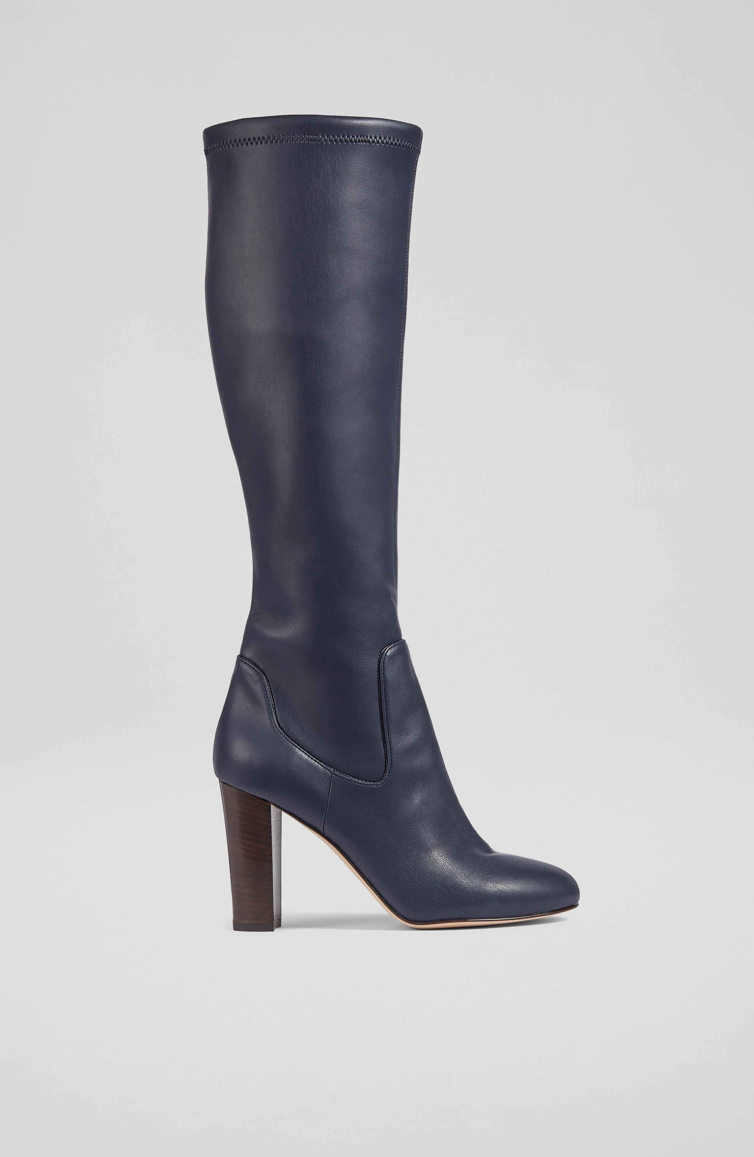 Leather Navy Booties Heels Marlowe Navy Stretch Vegan Leather Knee