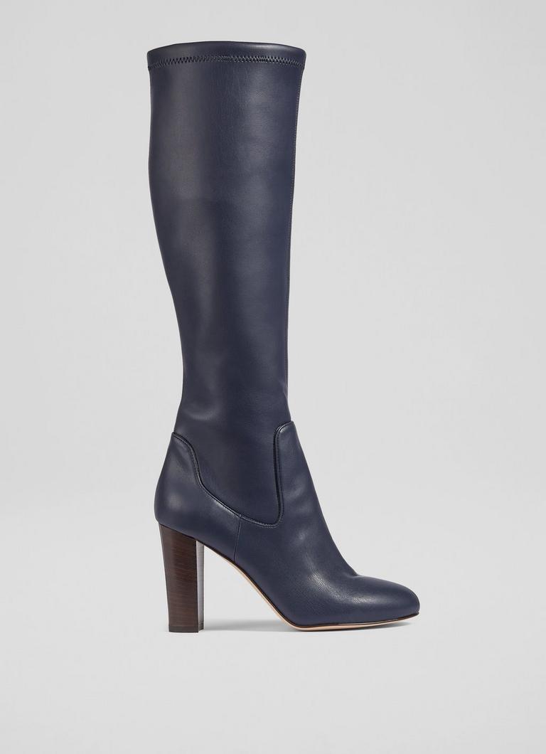 Marlowe Navy Stretch Vegan Leather Knee High Boots