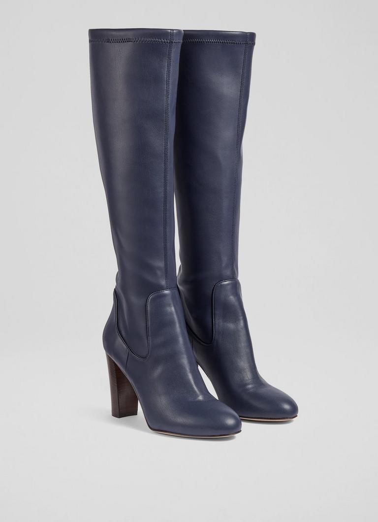 Marlowe Navy Stretch Vegan Leather Knee High Boots