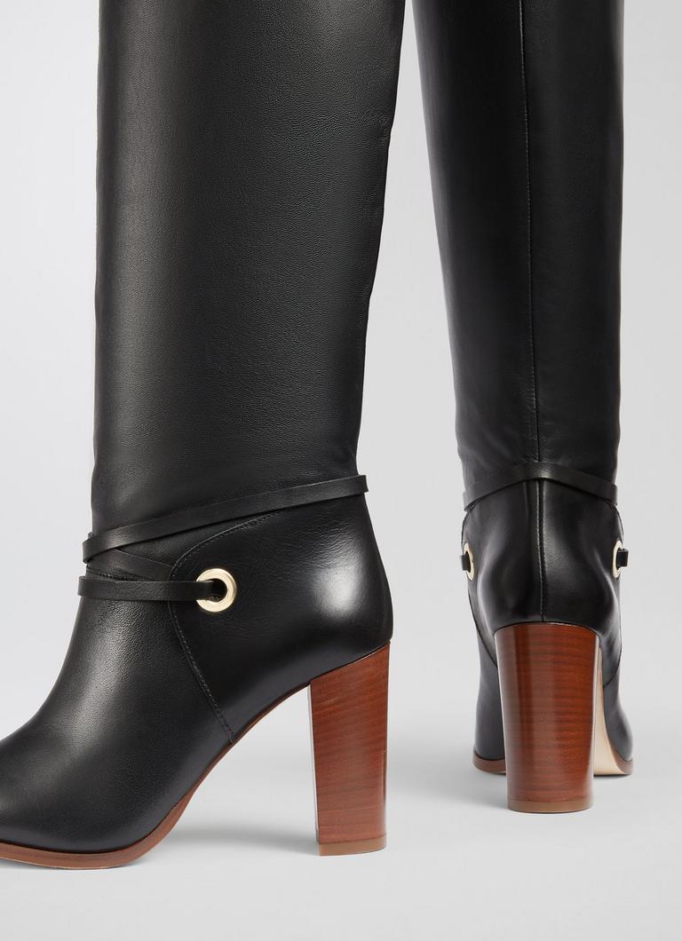 Black leather knee hotsell high boots uk