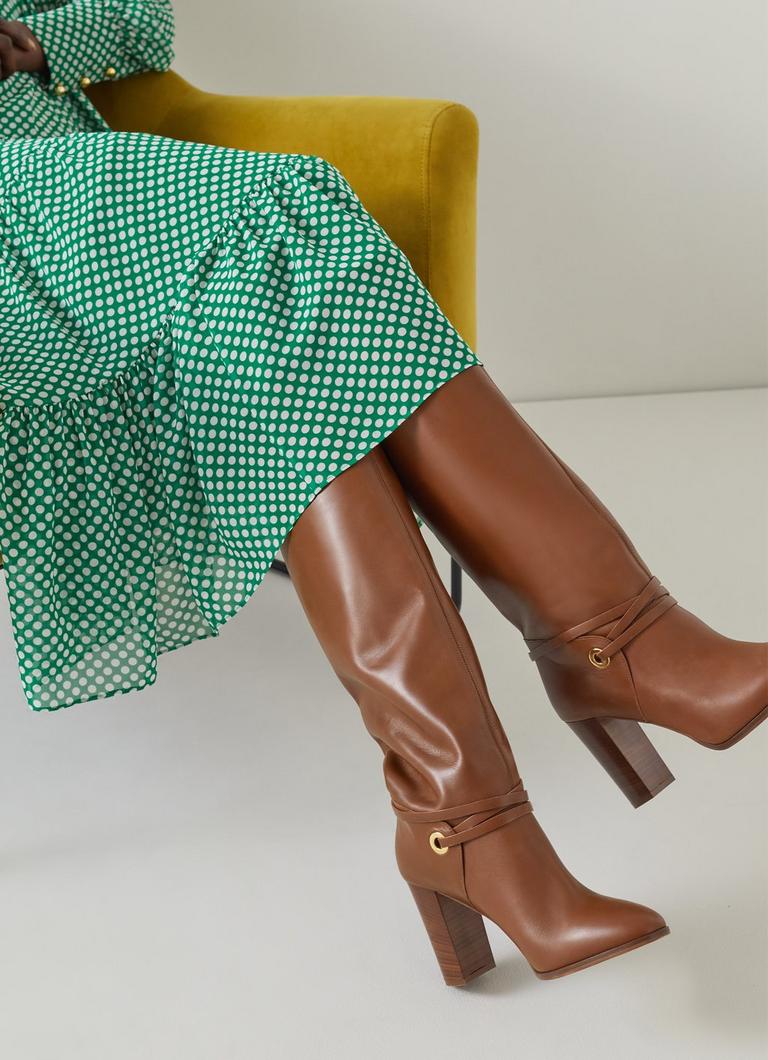Tan leather knee top high heeled boots