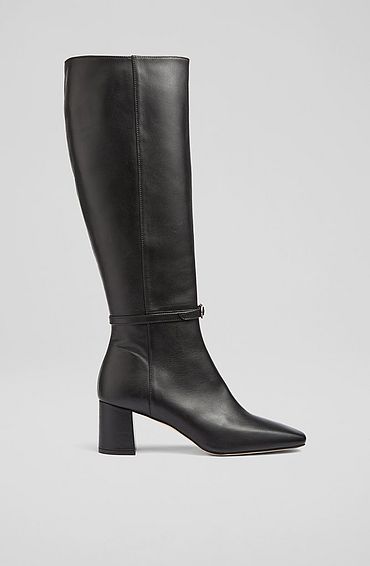 Sylvia Black Leather Buckle-Detail Knee-High Boots, Black