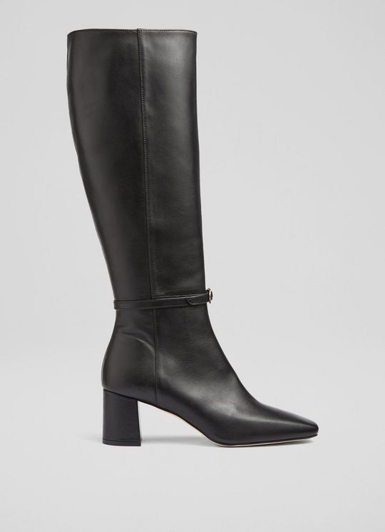 L.K.Bennett Sylvia Black Leather Buckle-Detail Knee-High Boots, Black