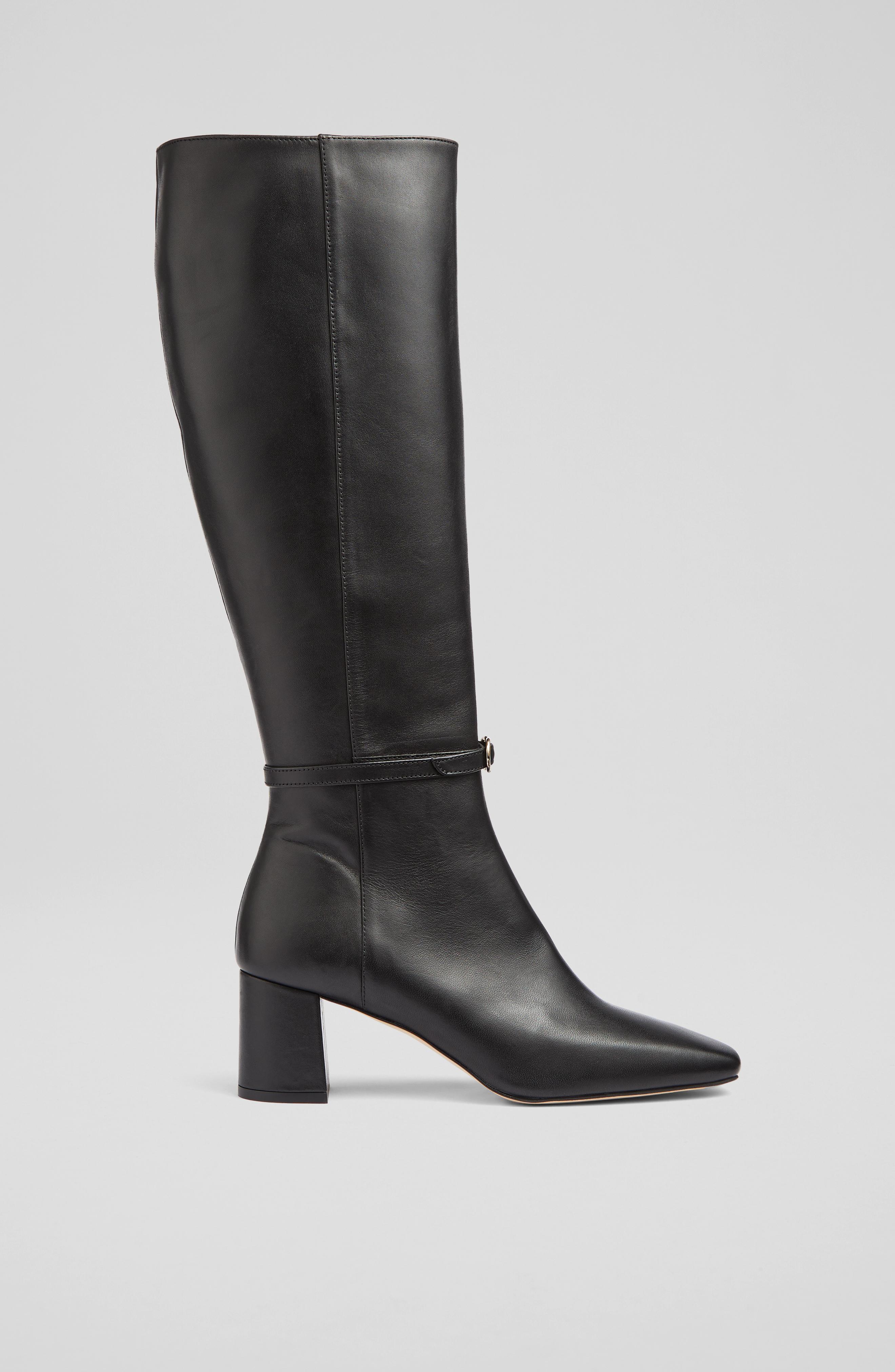L.K.Bennett Sylvia Black Leather Buckle-Detail Knee-High Boots, Black