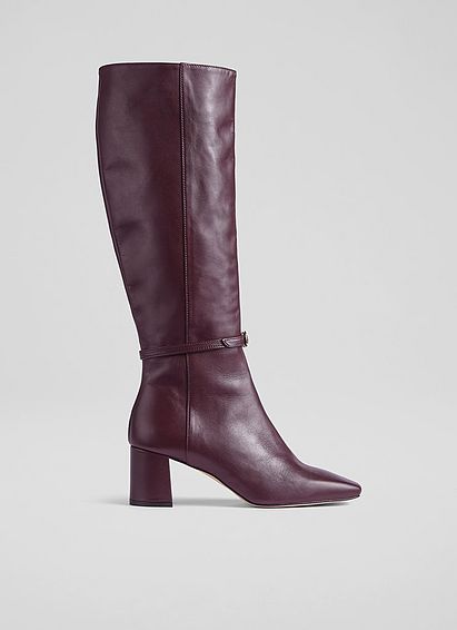 Sylvia Bordeaux Leather Buckle-Detail Knee-High Boots, Bordeaux