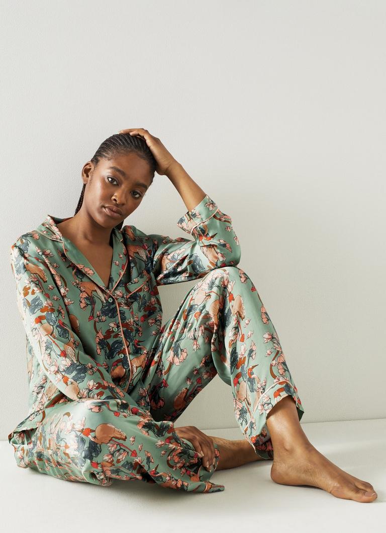 Demoiselle Green Satin Crane Print Pyjama Set Nightwear Clothing Collections L.K.Bennett London