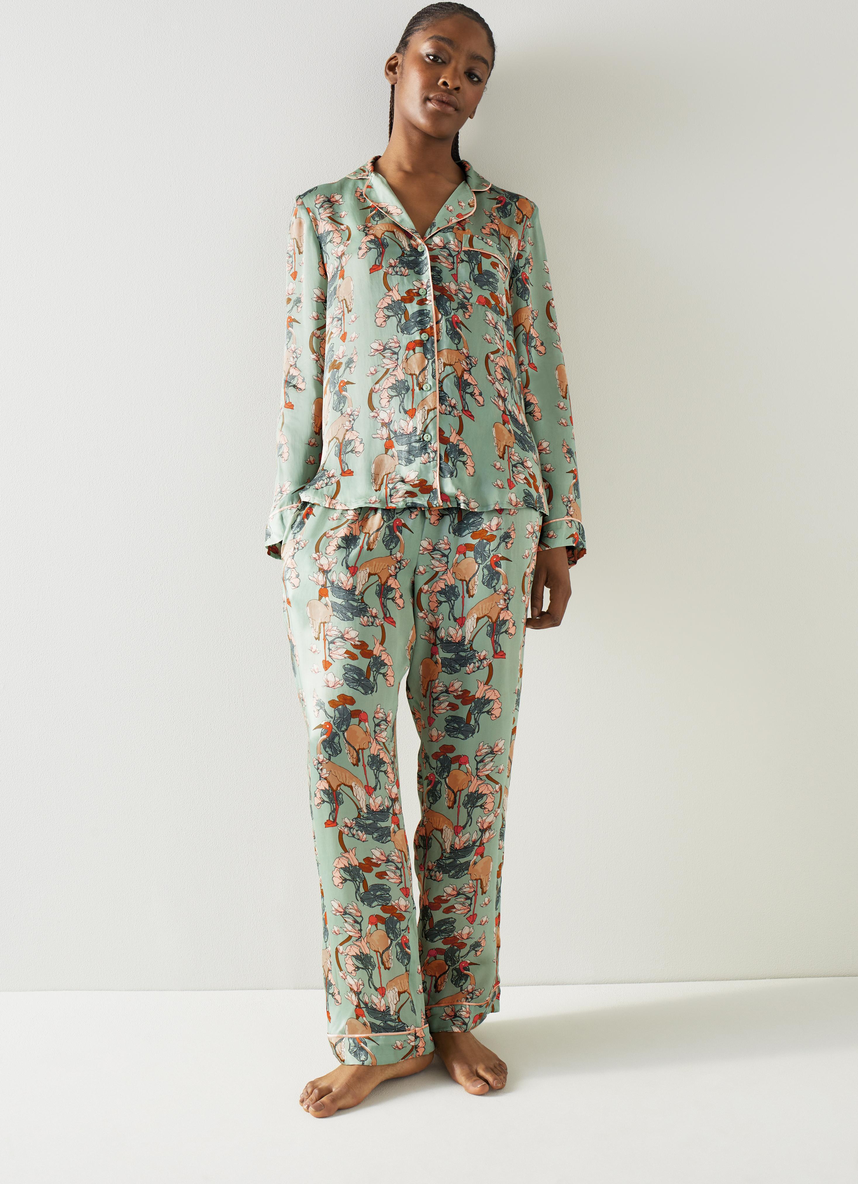 Demoiselle Green Satin Crane Print Pyjama Set | Nightwear