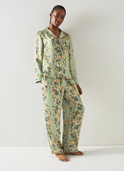 Demoiselle Green Satin Crane Print Pyjama Set, Green