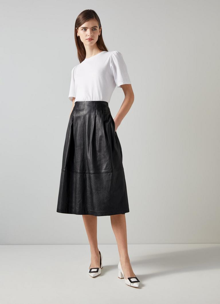 Black leather a line midi skirt uk hot sale