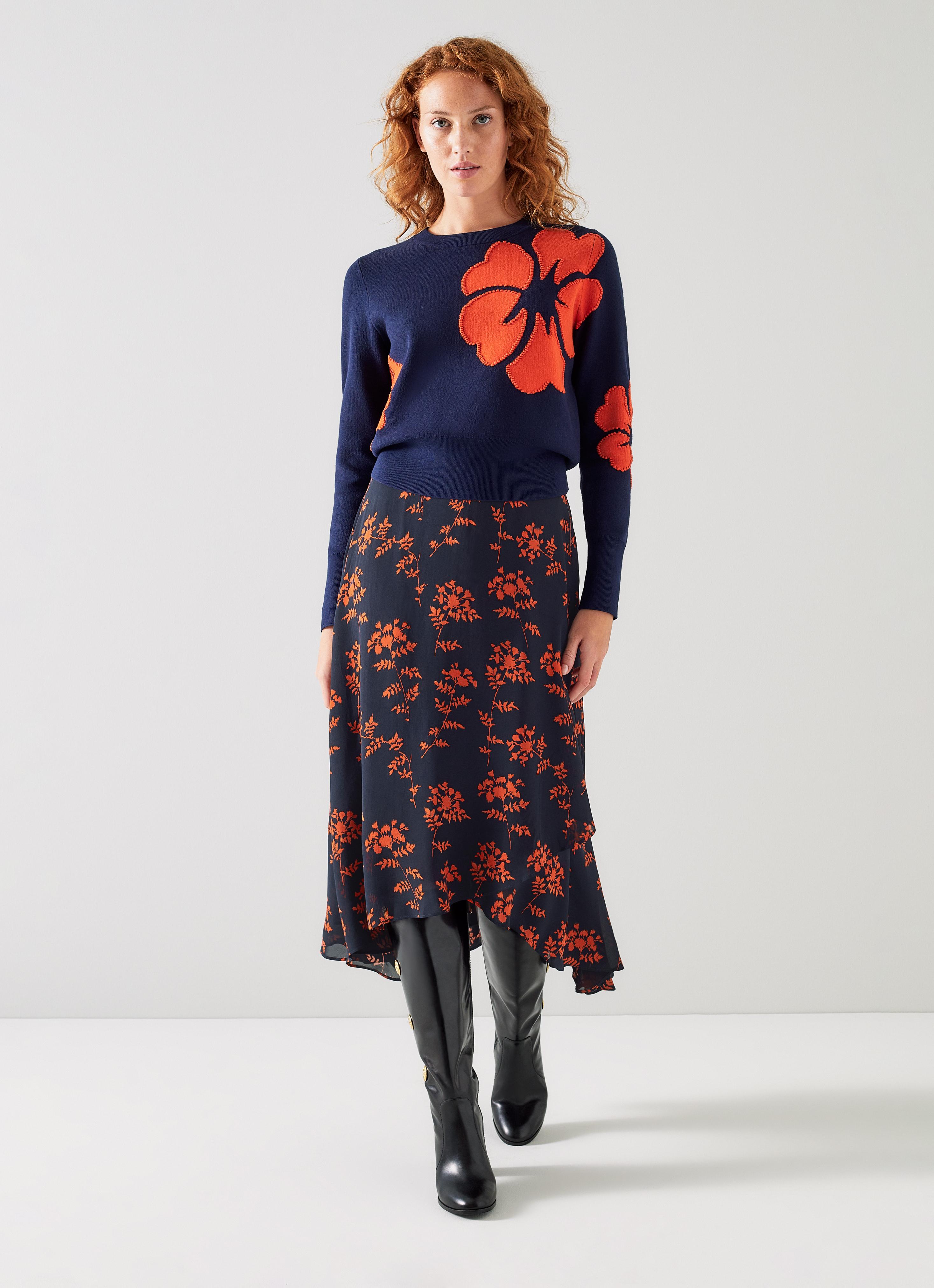 L.K.Bennett Krasner Blue And Orange Shadow Floral Print Skirt, Navy Multi