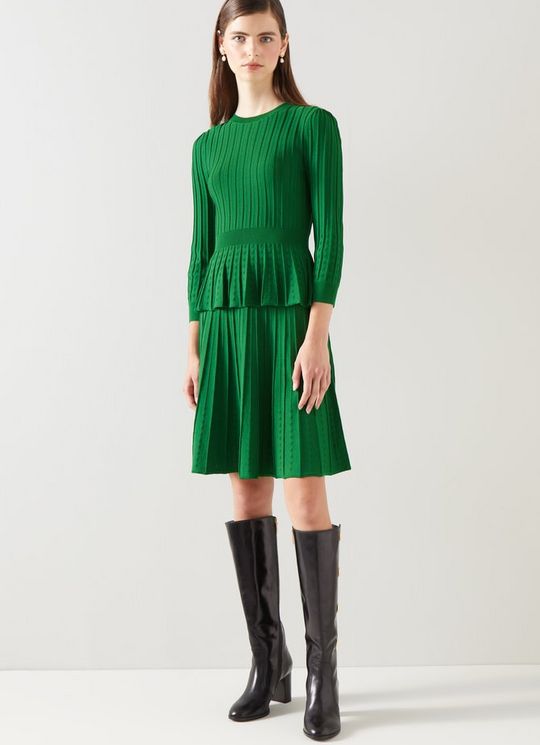 L.K.Bennett Susannah Green Rib Knit Pleated Skirt Dark Green, Dark Green
