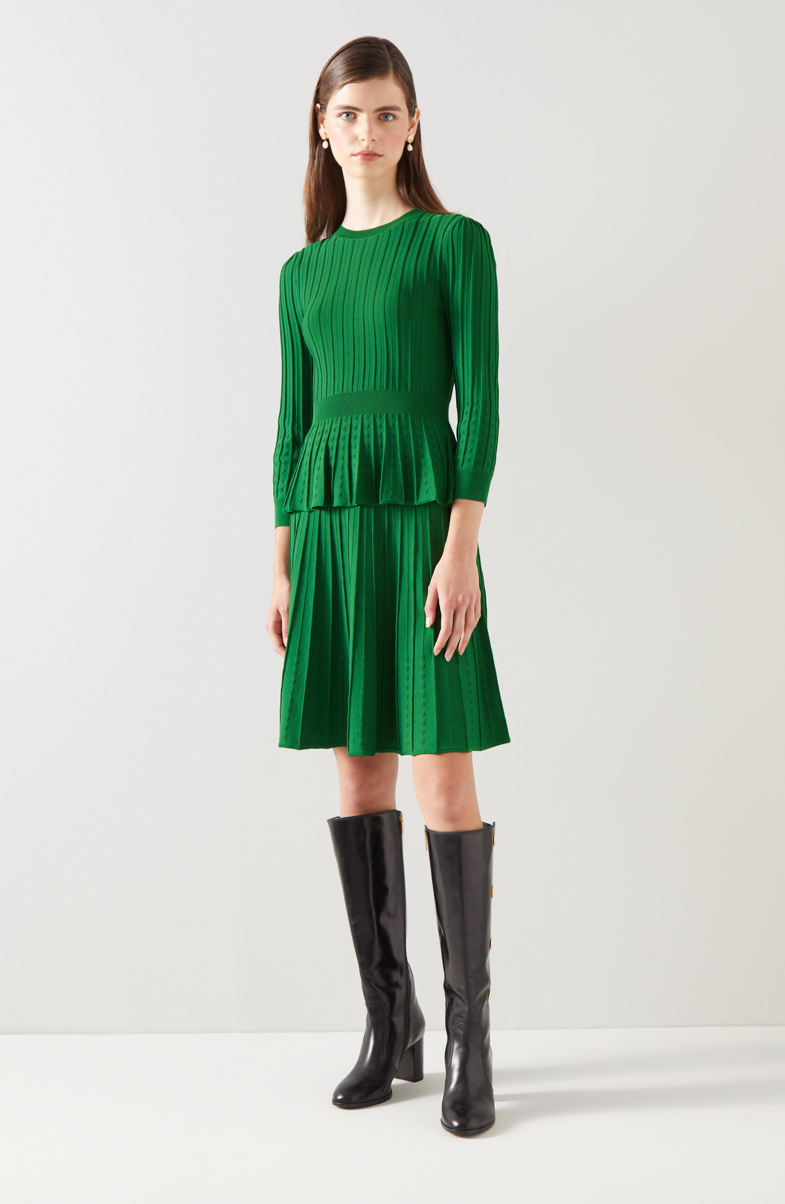 L.K.Bennett Susannah Green Rib Knit Pleated Skirt, Dark Green