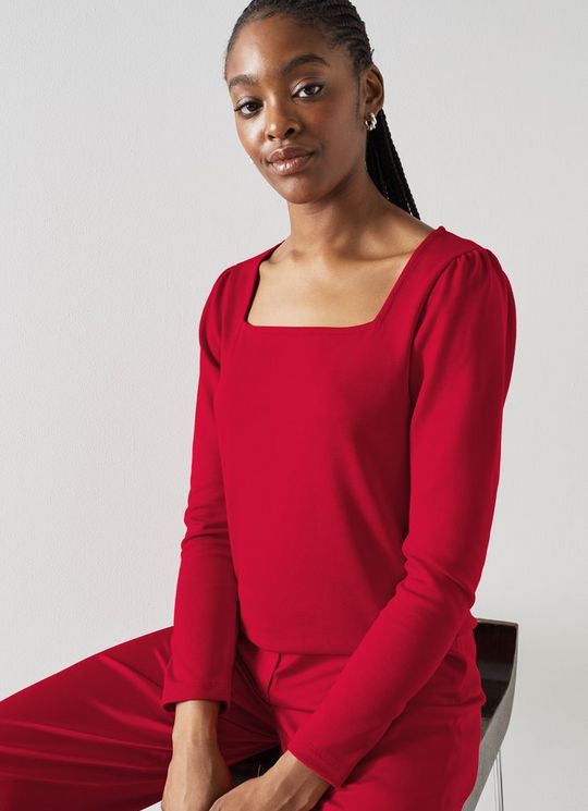 L.K.Bennett Alex Red  Square Neck Top with LENZING ECOVERO viscose, Cherry