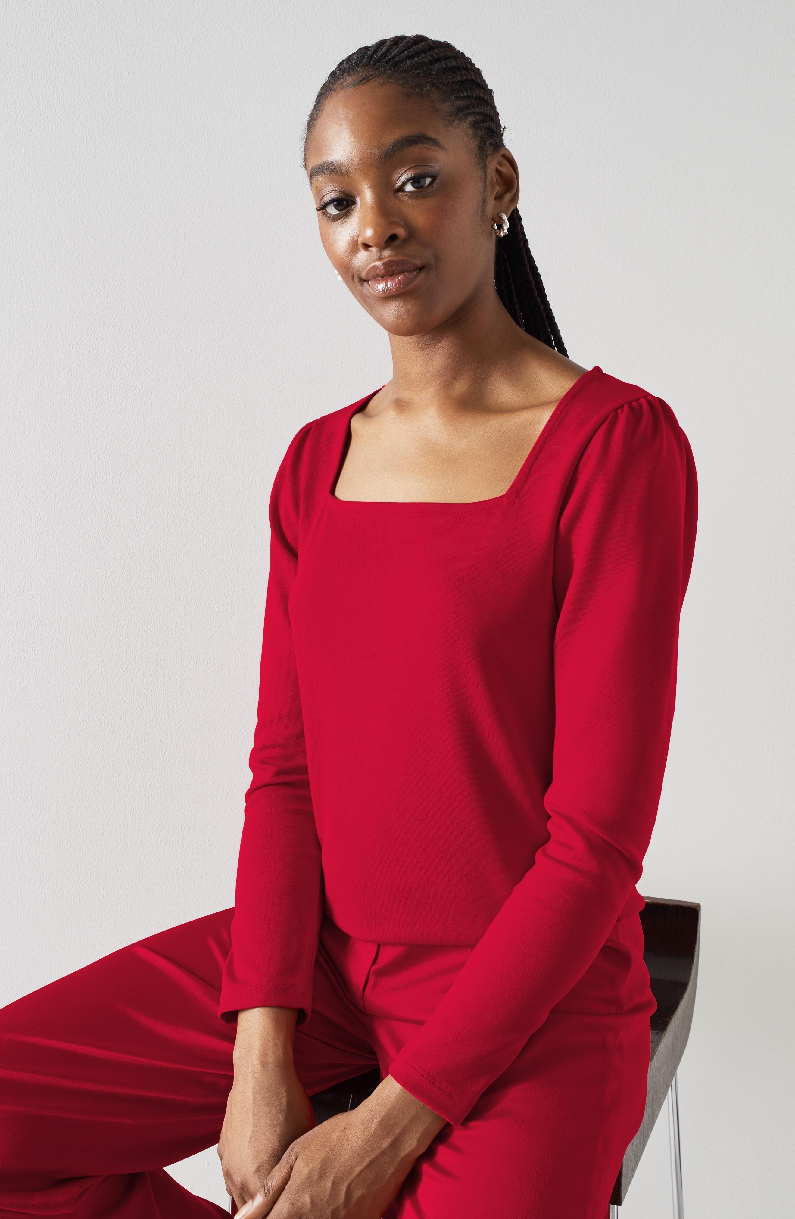 L.K.Bennett Alex Red  Square Neck Top with LENZING ECOVERO viscose, Cherry