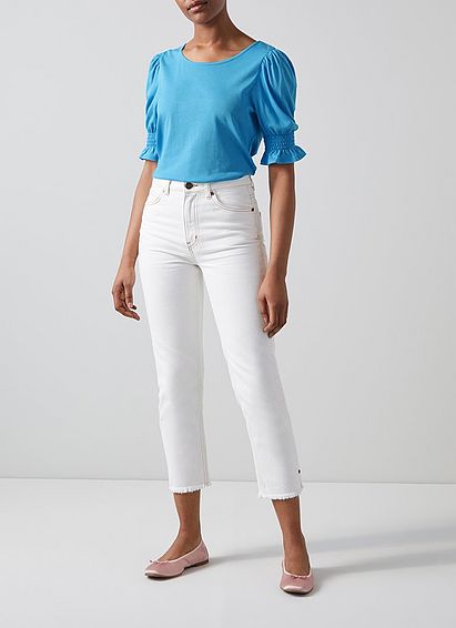 Emily Blue Modal-Cotton Shirred Sleeve Top, Blue