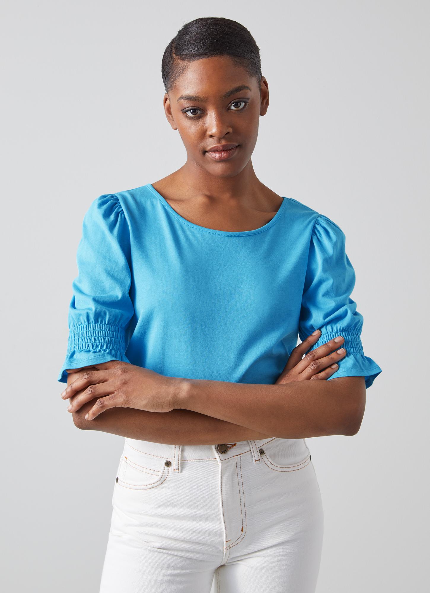 Emily Blue Modal Cotton Shirred Sleeve Top Sale Collections L.K.Bennett London