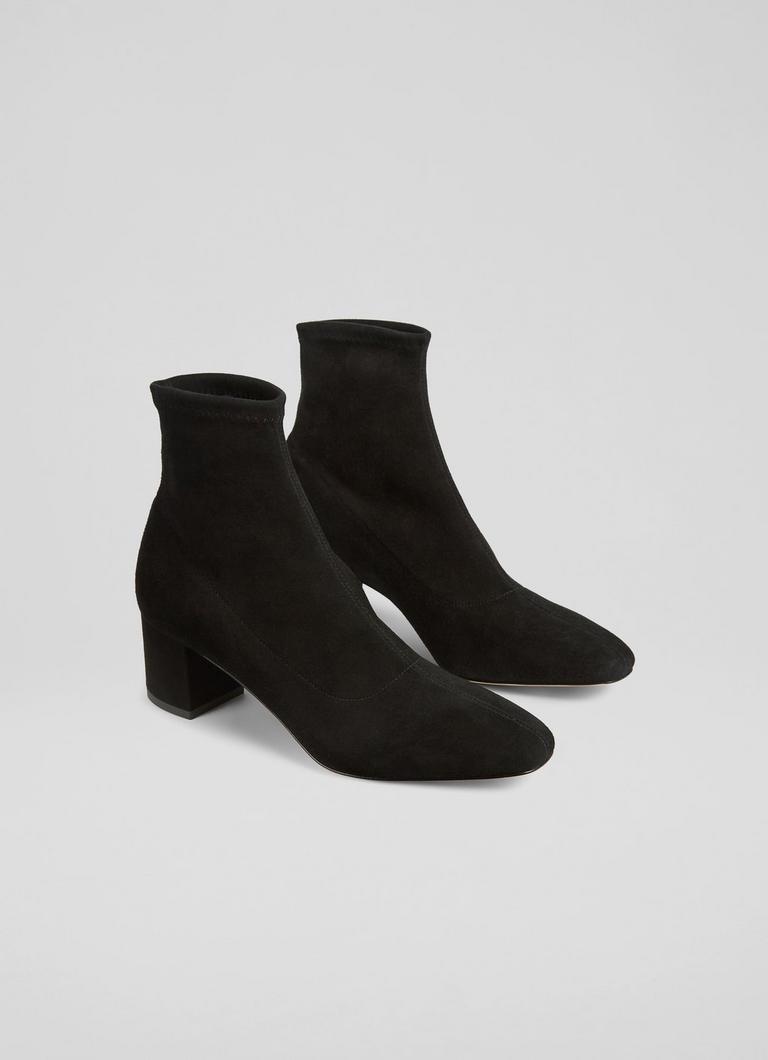 Grove Black Leather Low Block Stretch Ankle Boots Shoes