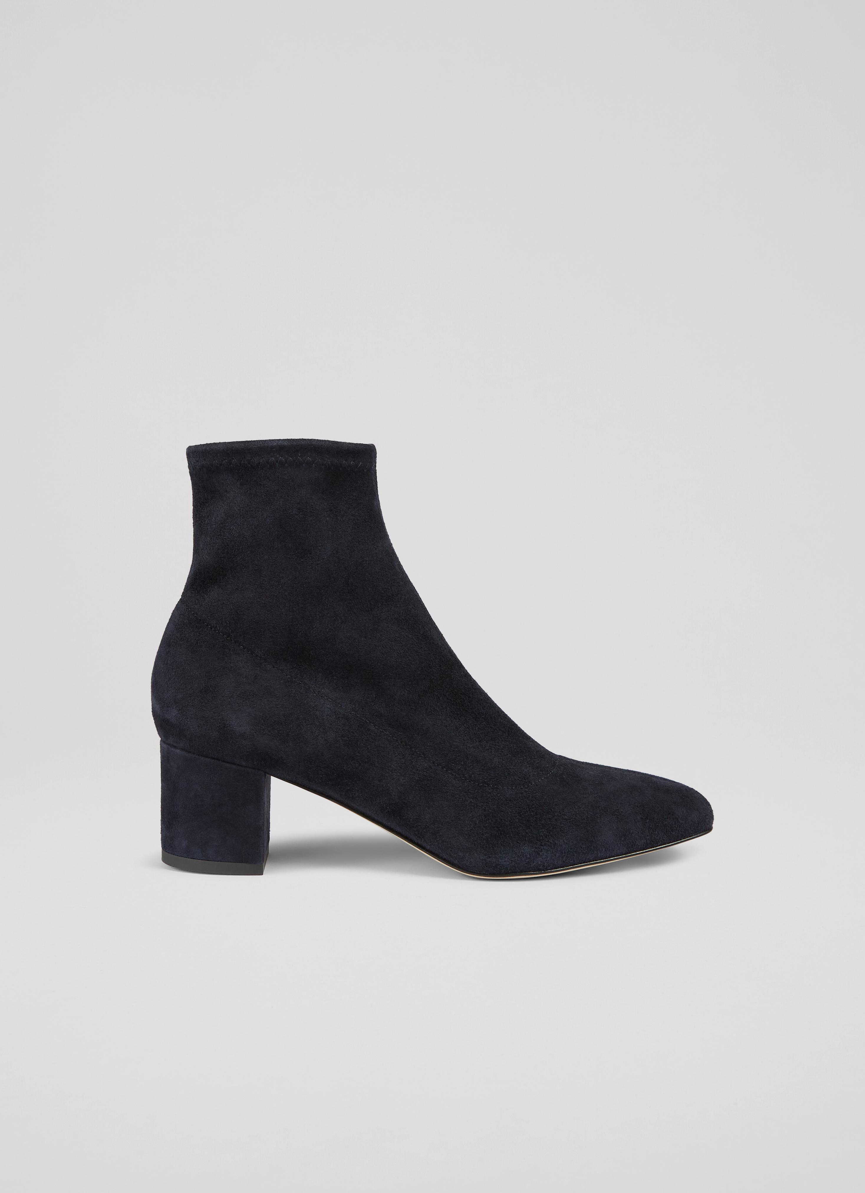 Grove Navy Suede Low Block Stretch Ankle Boots