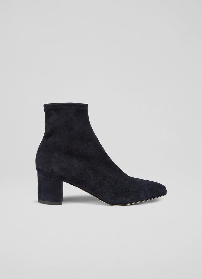 Grove Navy Suede Low Block Stretch Ankle Boots