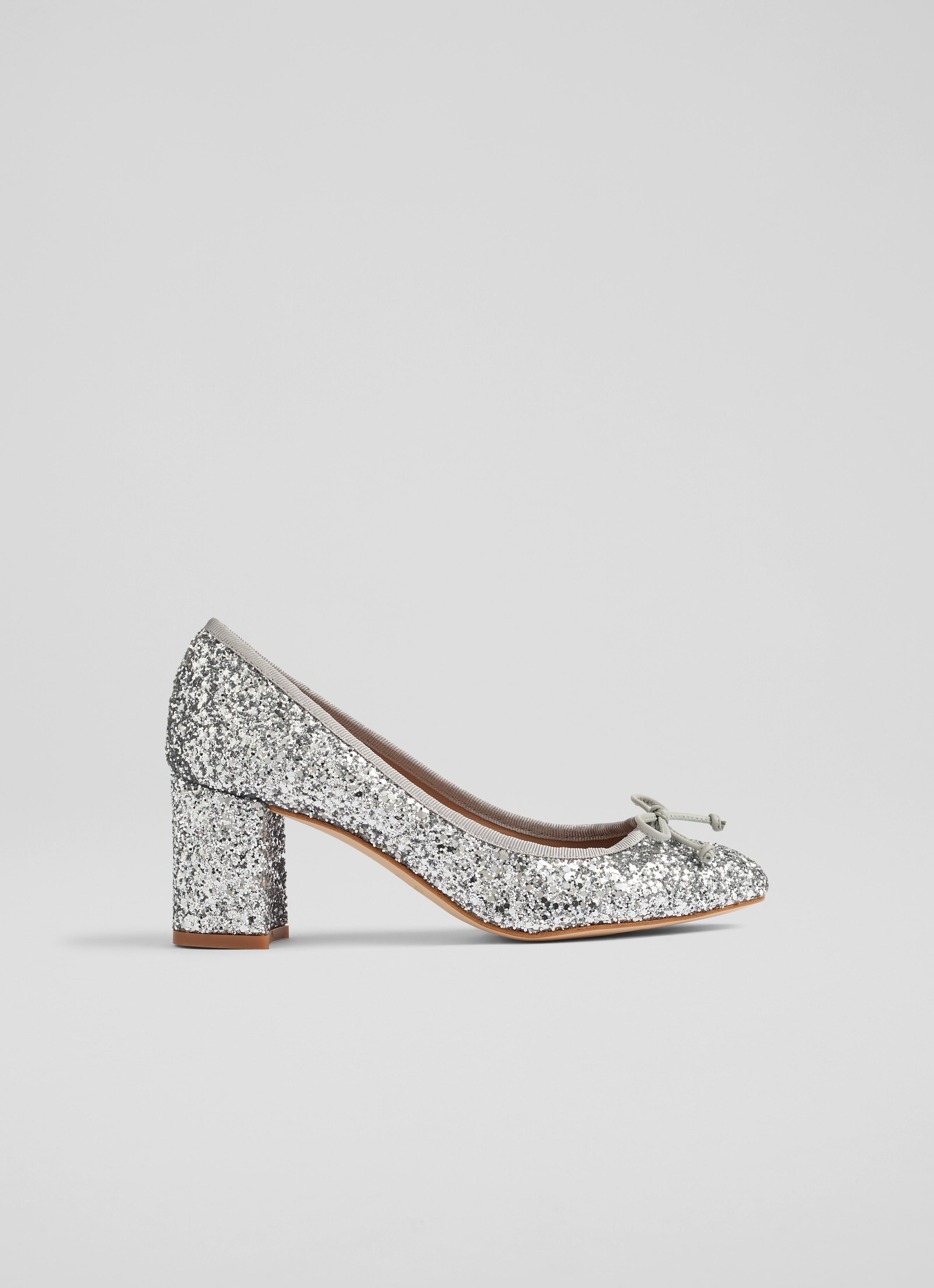 Juliette Silver Glitter High Heel Grosgrain Ballerina Court