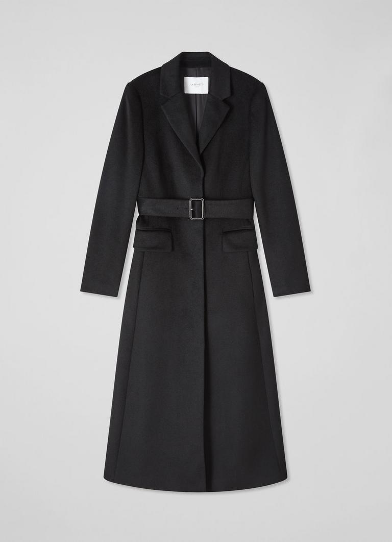 Long black belted wool coat on sale