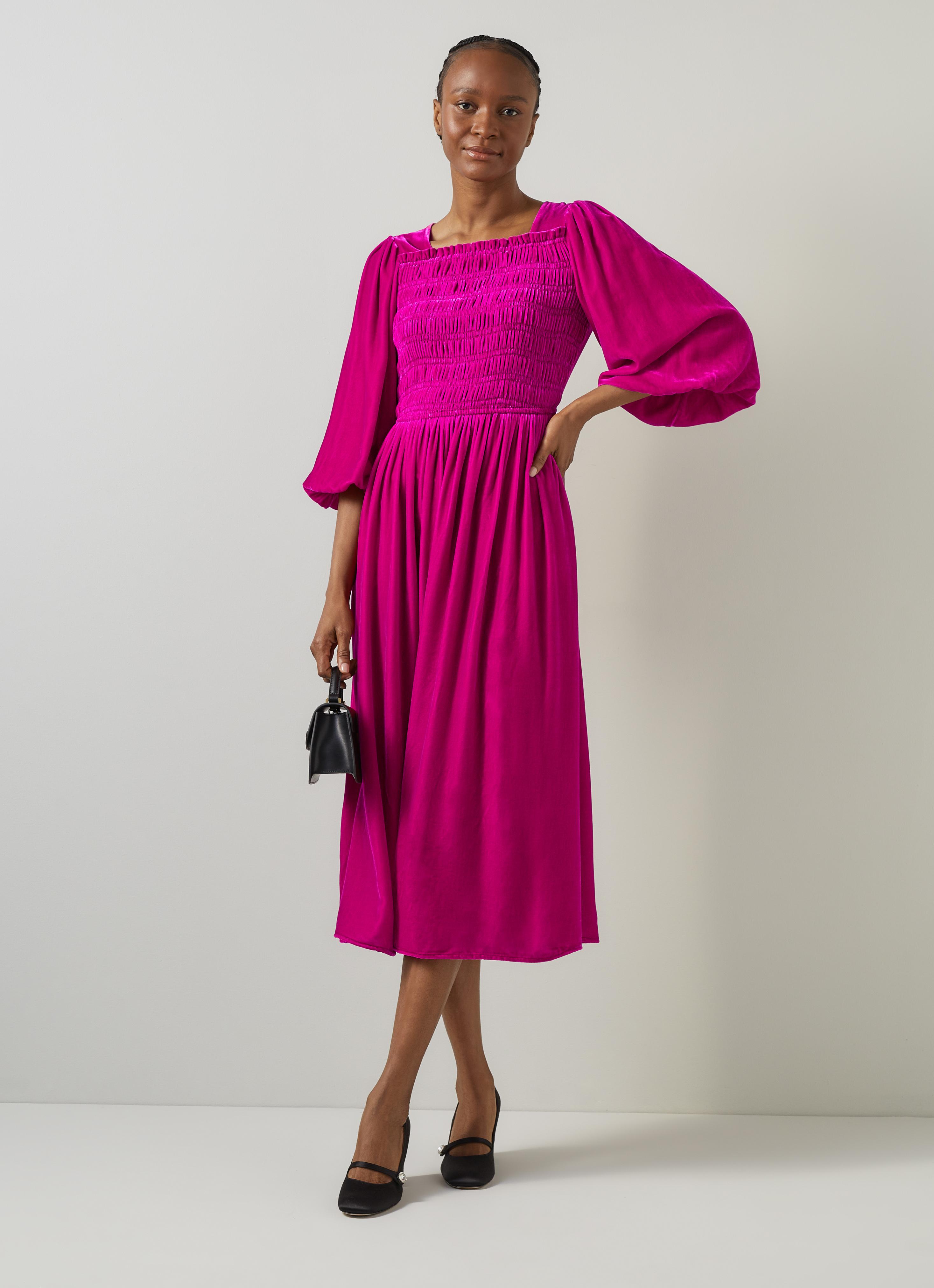 Callista Magenta Smocked Fluid Velvet Dress