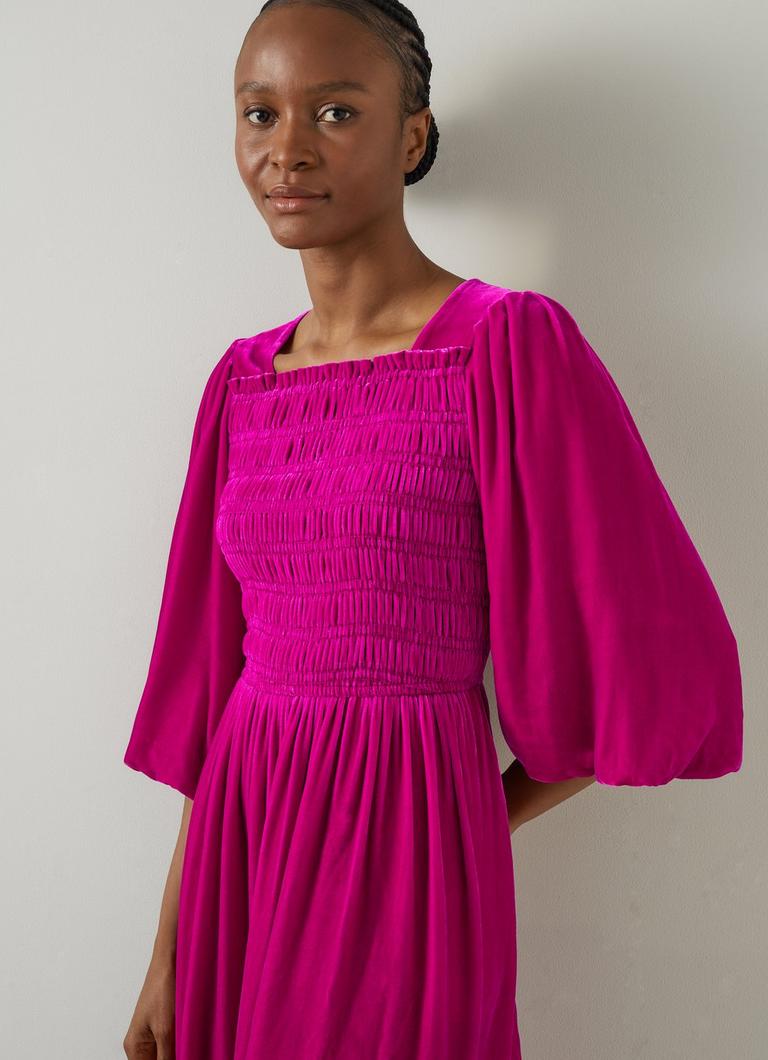 Callista Magenta Smocked Fluid Velvet Dress Clothing New Arrivals Collections L.K.Bennett London