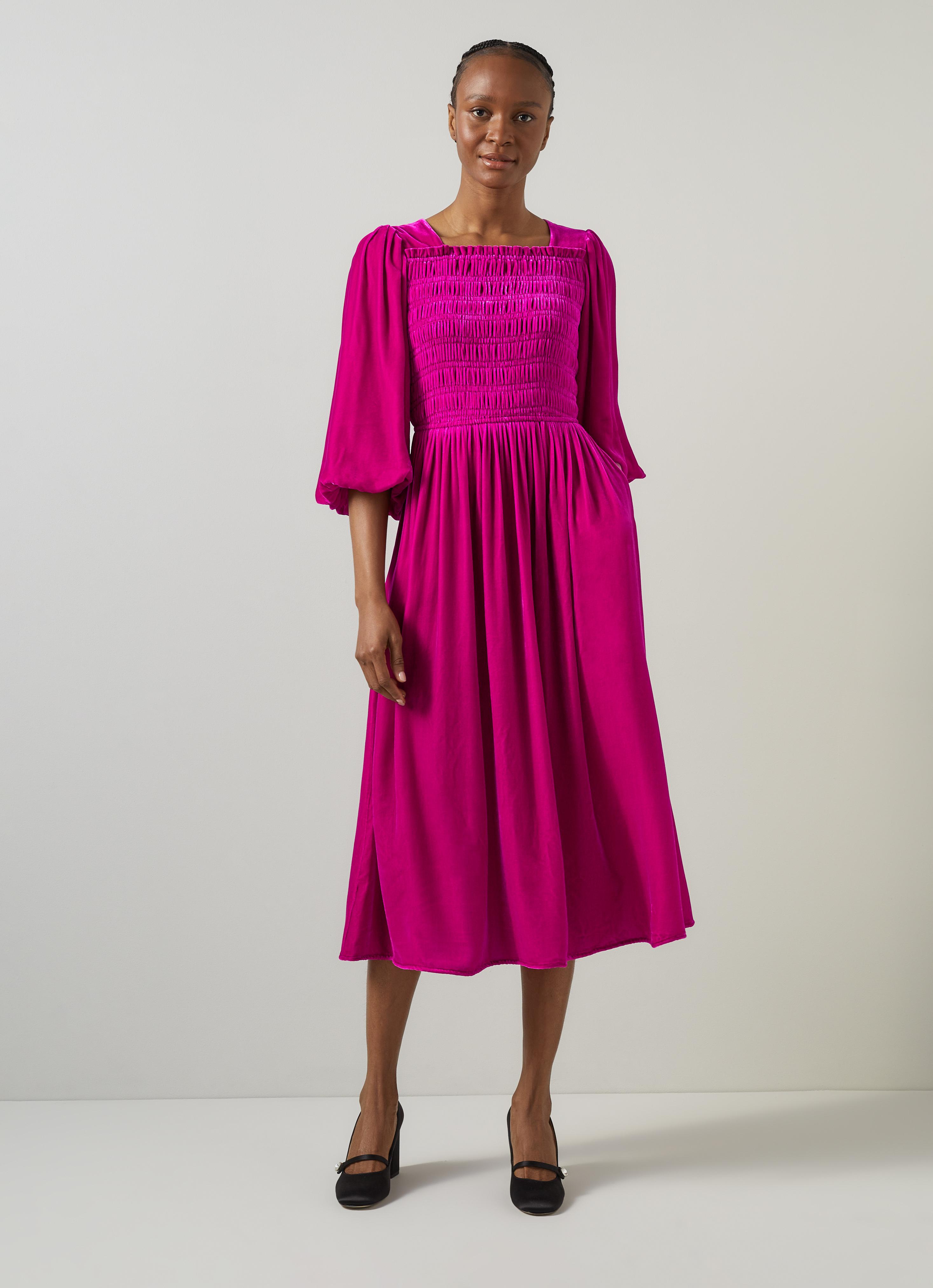 Callista Magenta Smocked Fluid Velvet Dress Clothing Sale