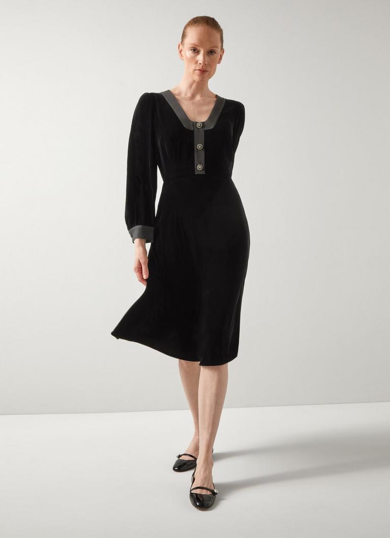 Cordelia Black Black Velvet Satin Trim Dress Dresses Clothing