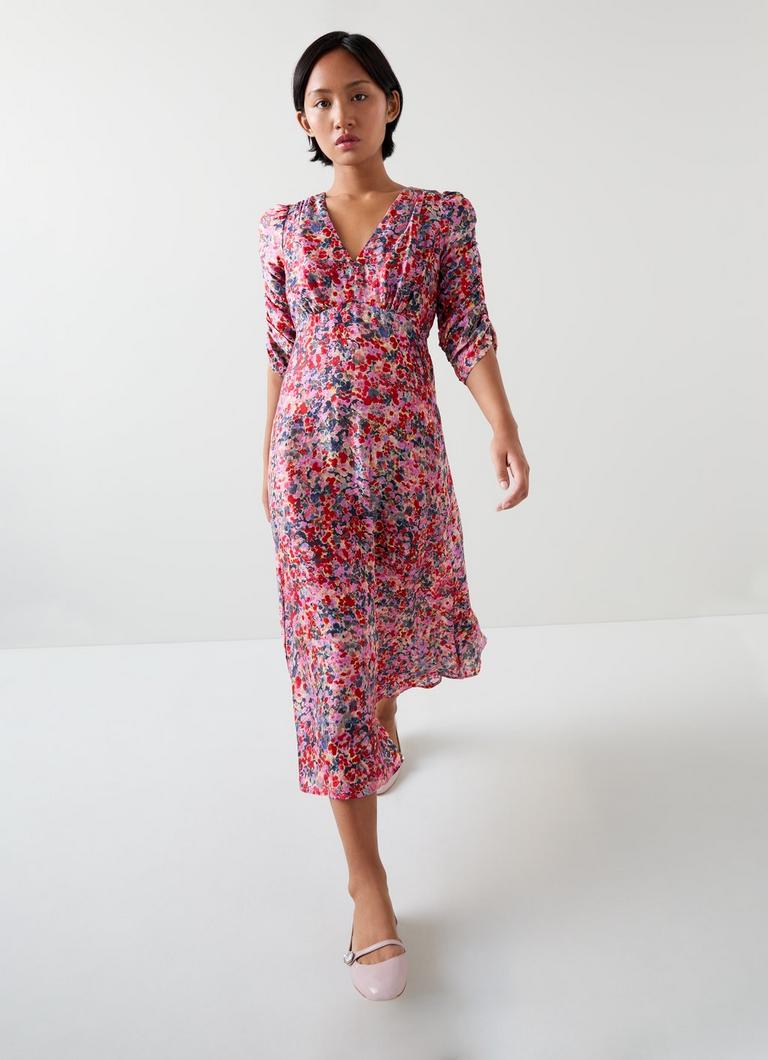 Erin Petite Pink Multi Watercolour Floral Jacquard Dress