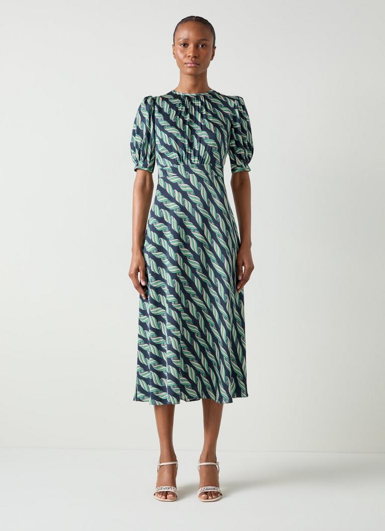 Jem Spring Navy Multi Ribbon Print Satin Dress Midi Dresses Dresses Clothing Collections L.K.Bennett London