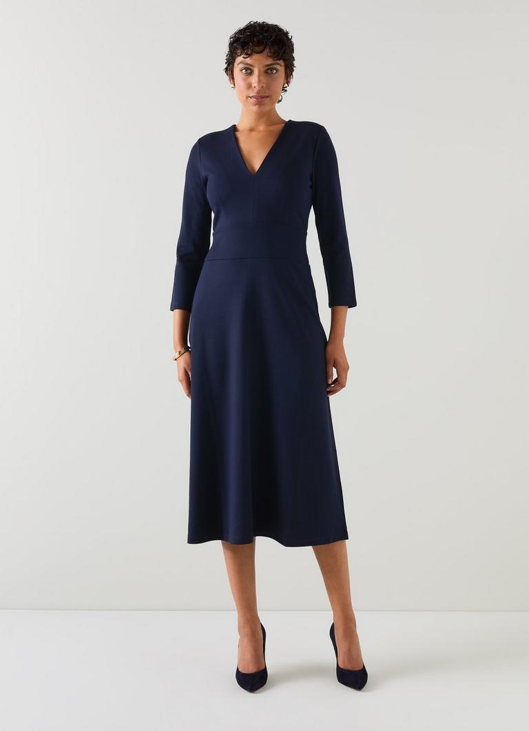 Lauren Navy V Neck LENZING ECOVERO Viscose Ponte Midi Dress Midi Dresses Dresses Clothing Collections L.K.Bennett London