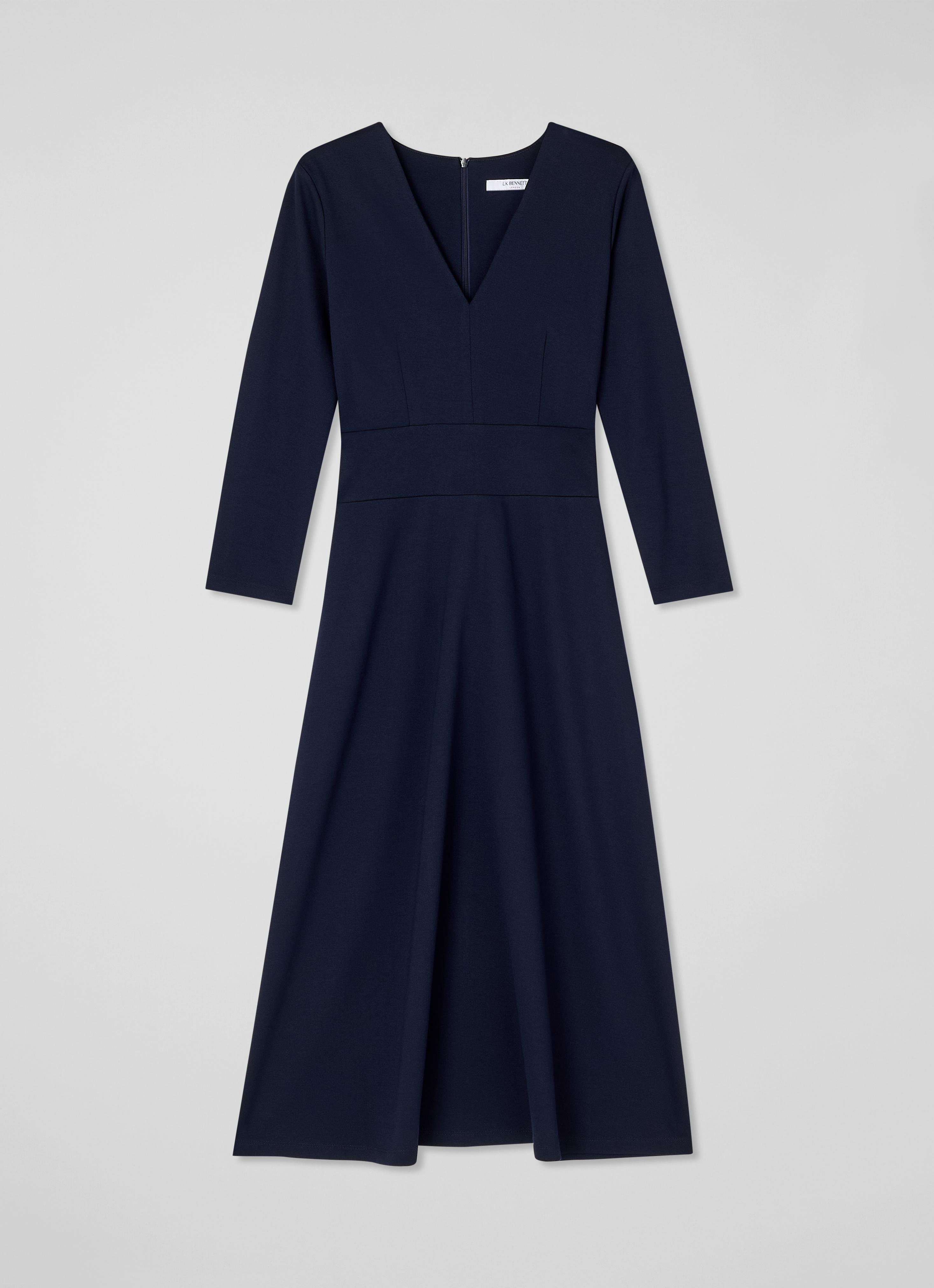 Lauren Navy V-Neck LENZING ECOVERO Viscose Ponte Midi Dress | Midi Dresses  | Dresses | Clothing | Collections | L.K.Bennett, London