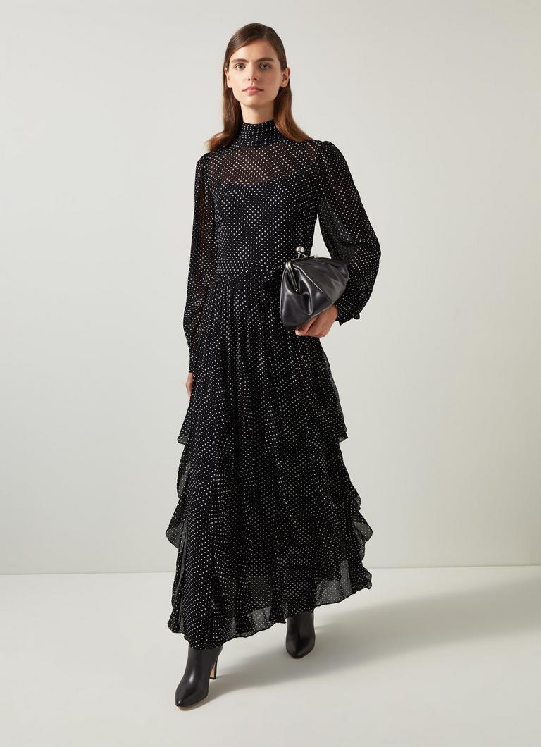 Lucie Black Ivory Polkadot Ruffle Maxi Dress Midi Dresses Dresses Clothing Collections L.K.Bennett London
