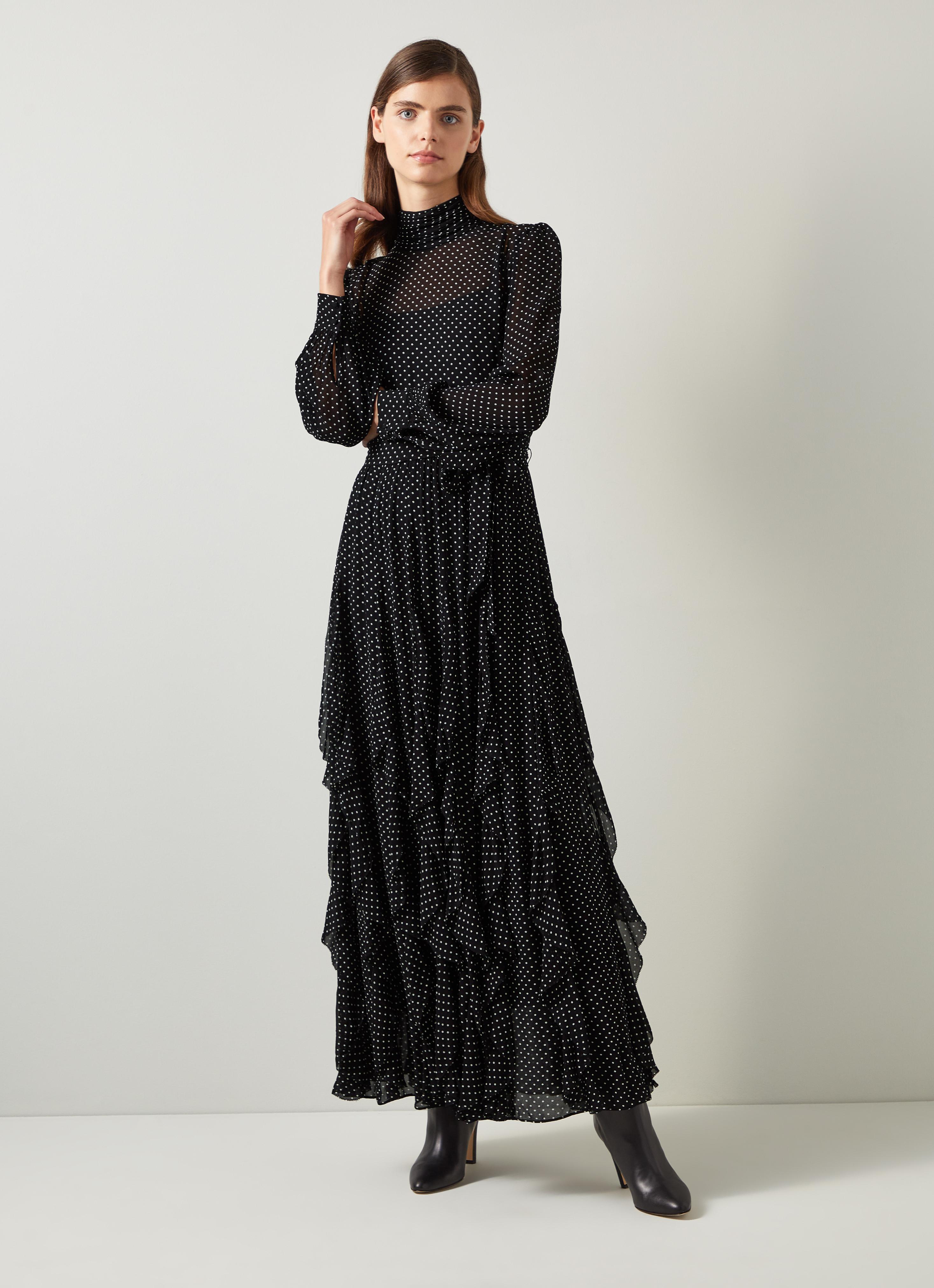 Lucie Black & Ivory Polkadot Ruffle Maxi Dress | Dresses