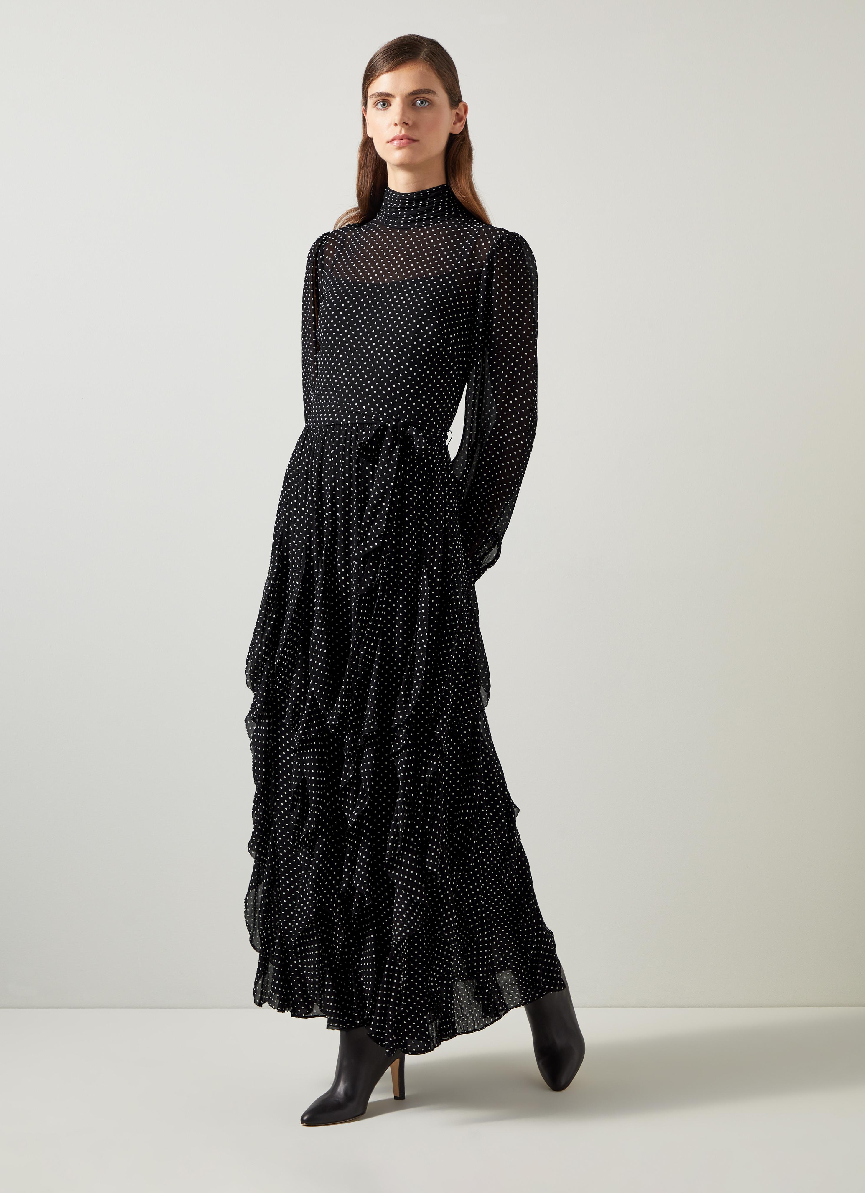 Lucie Black & Ivory Polkadot Ruffle Maxi Dress | Dresses