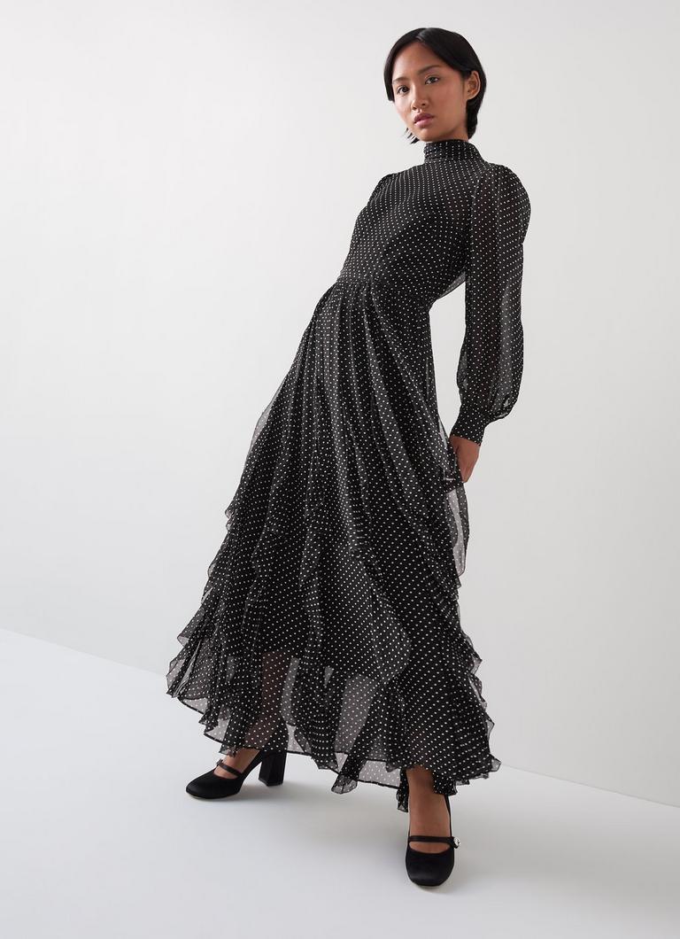 Lucie Petite Black Ivory Polkadot Ruffle Maxi Dress Clothing New Arrivals Collections L.K.Bennett London