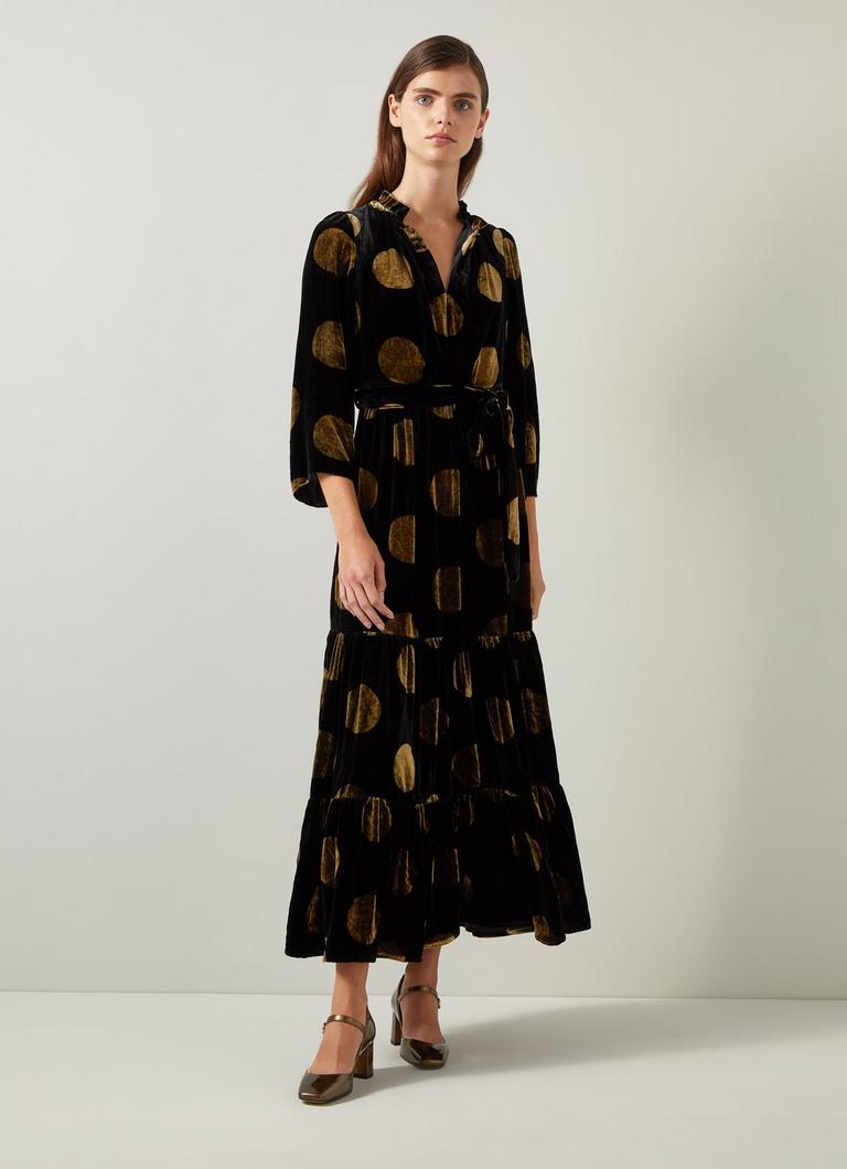 Lulu Black & Gold Giant Spot Print Velvet Dress | Dresses | Clothing | Sale | Collections | L.K.Bennett, London Lulu Black & Gold Giant Spot Print Velvet Dress | Dresses | Clothing | Sale | Collections | L.K.Bennett, London
