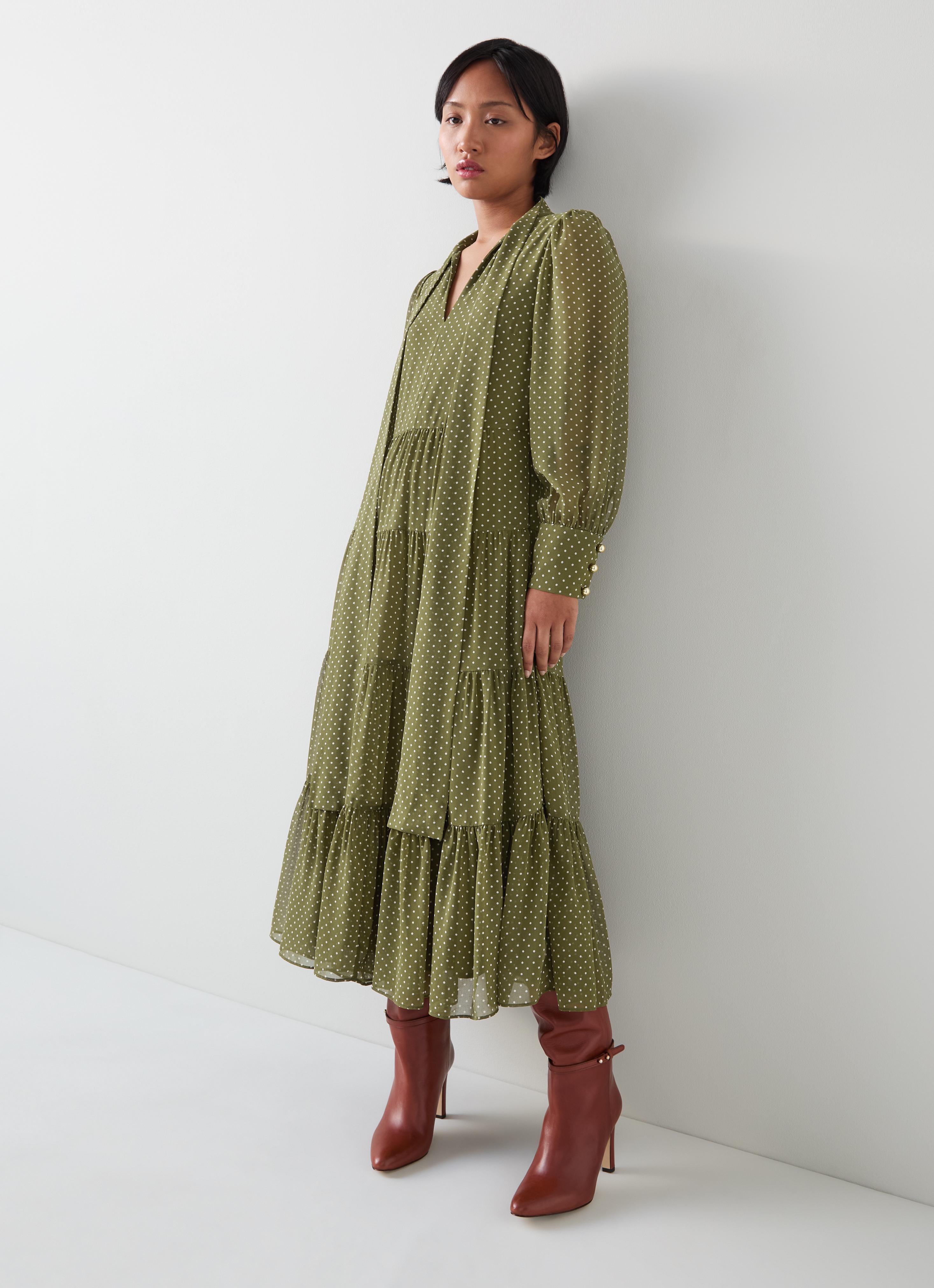 Polly Petite Olive Birch Polka Dot Tiered Dress Clothing - Main Image