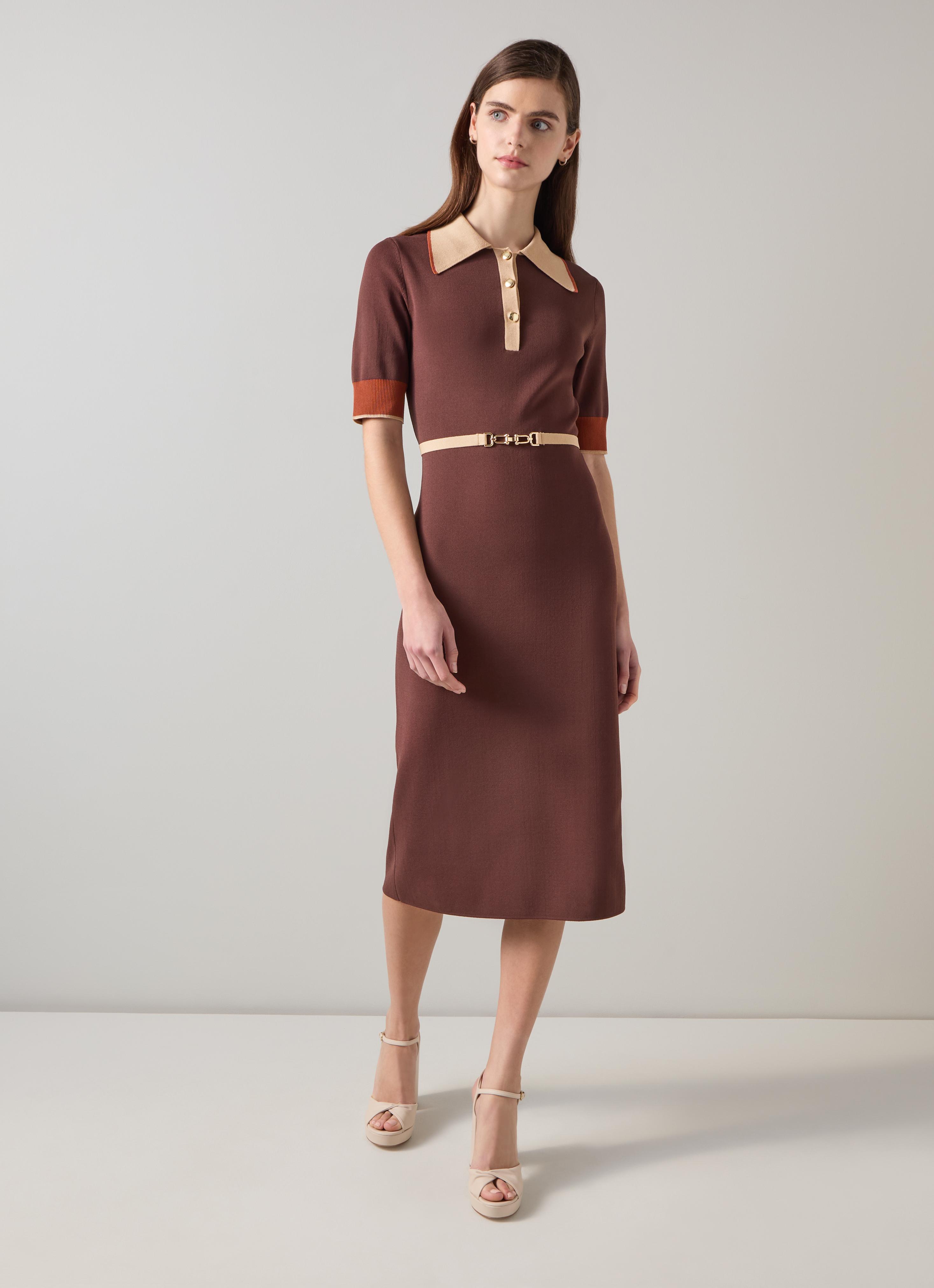Rosey Chocolate Multi Chain Belt Trim Milano Knit Dress | Clothing