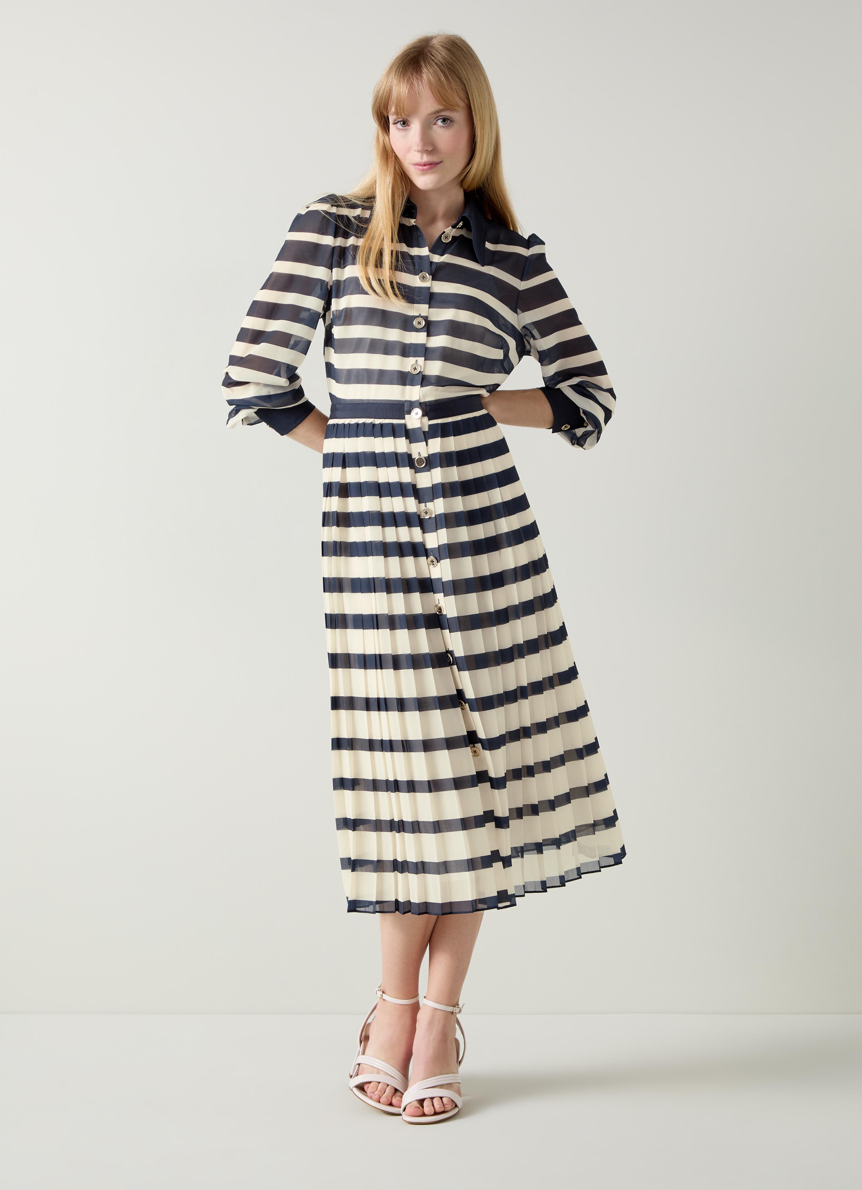 Tallis Spring Navy & Cream Placement Stripe Dress | Clothing