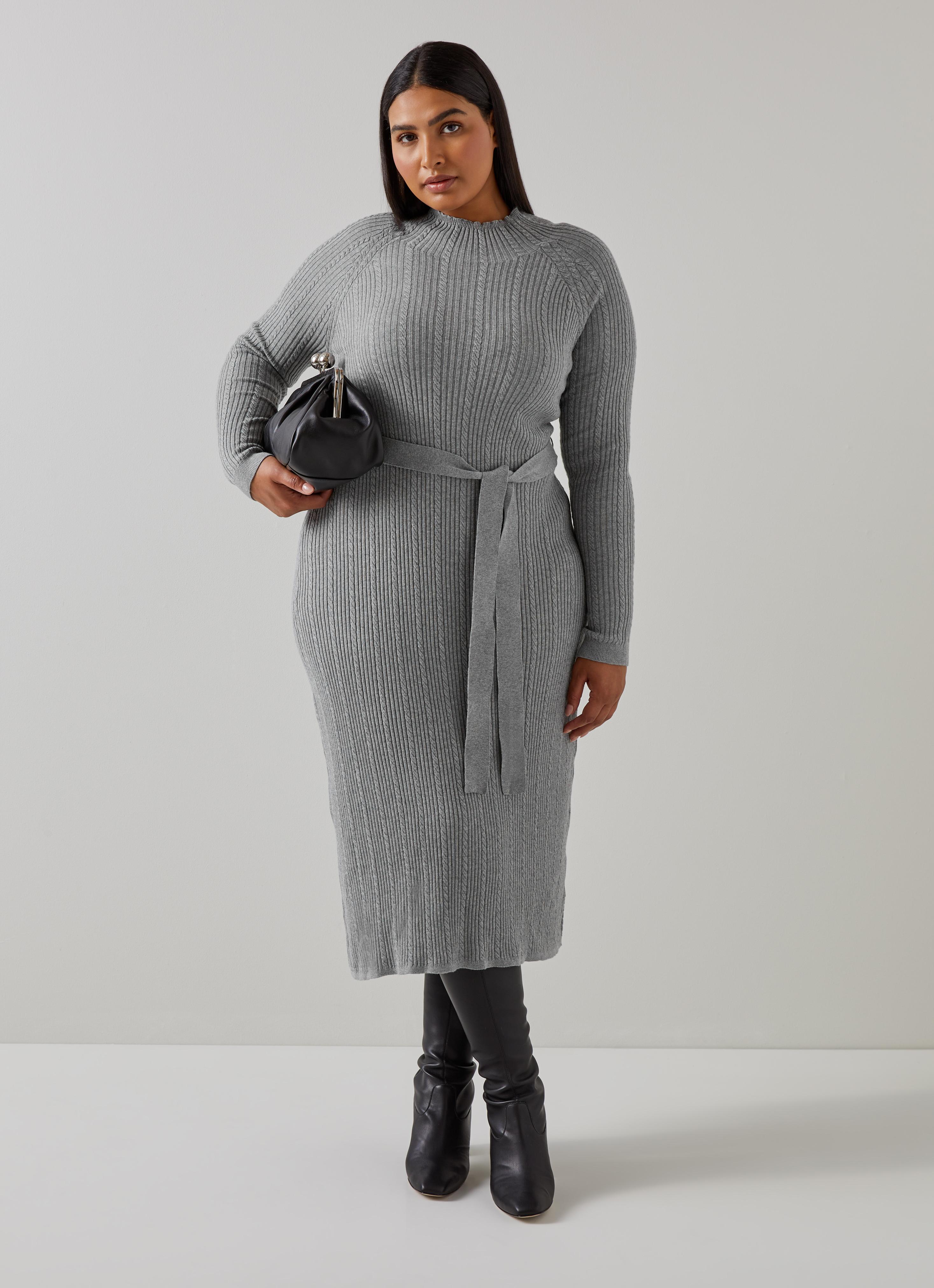 新品未使用　ローブブランBelted Wool Shirt Dress Mグレー West Mid Grey Melange Cable Stitch Dress | Clothing | Sale