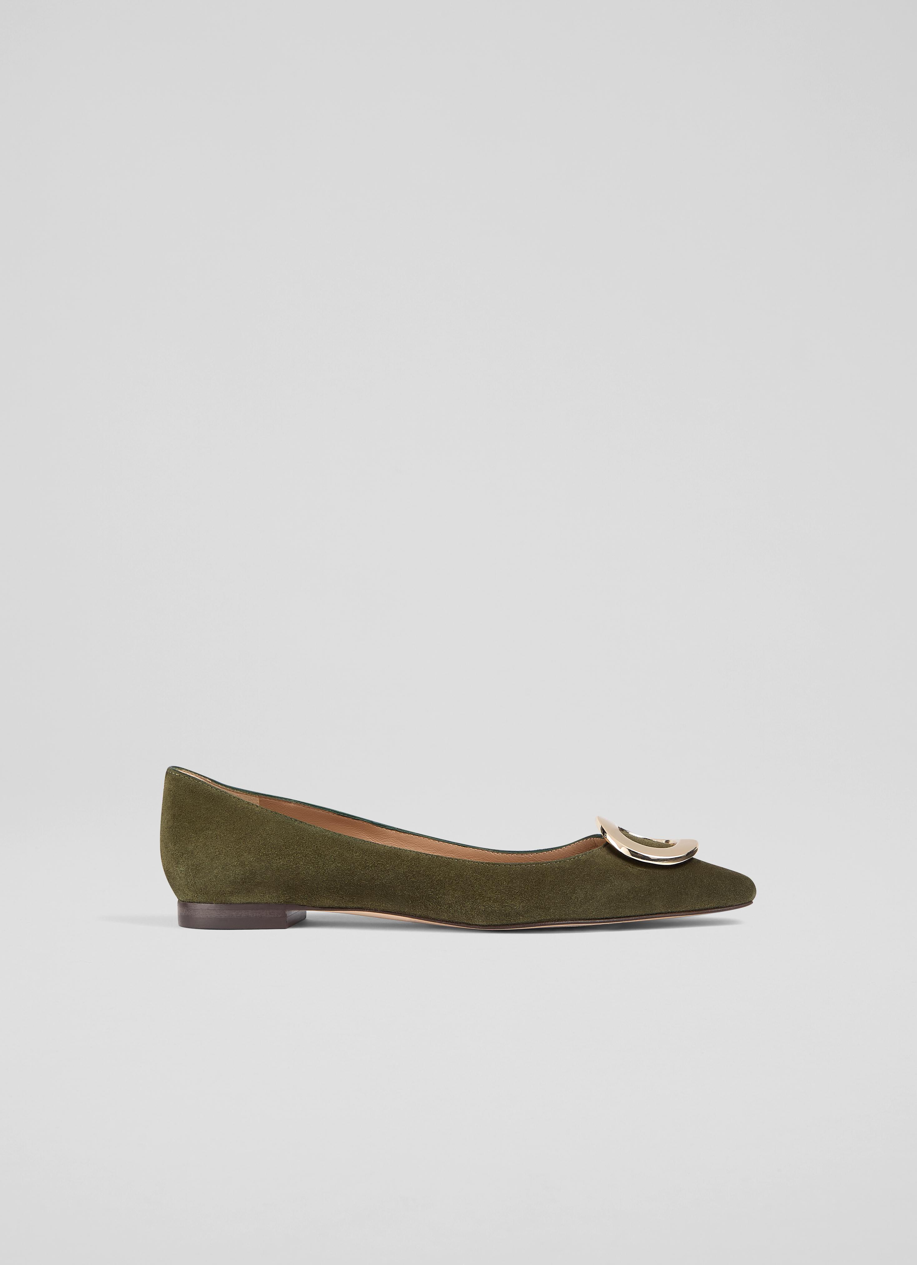 Suede Pointed Dark Green Flat Shoes Lisette Khaki Trim Pointed